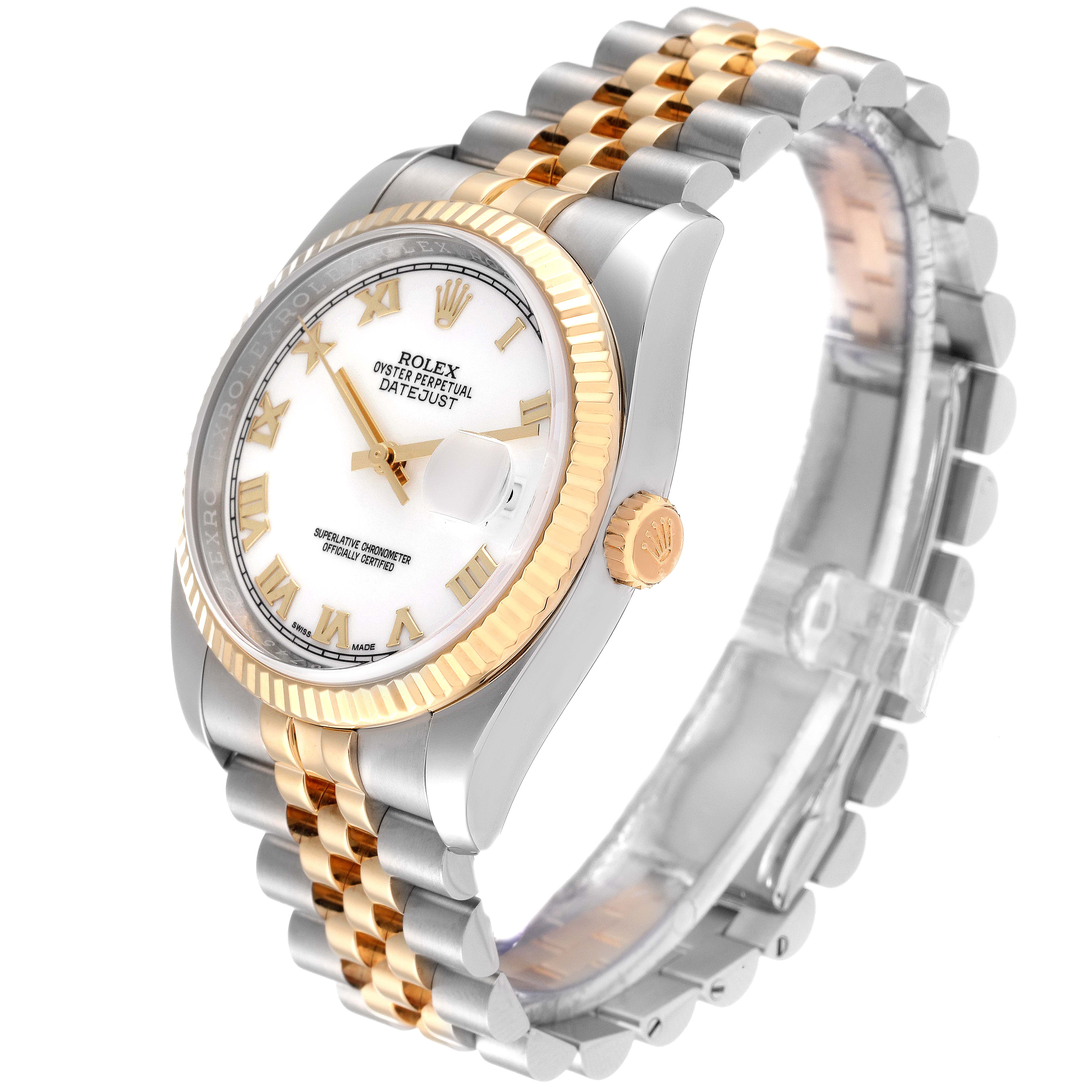 The Rolex Datejust 116233 Men's Stainless Steel White Dial 116233 Men's Stainless Steel White Dial watch is shown at a three-quarter angle, showcasing the dial, fluted bezel, crown, and Jubilee bracelet.