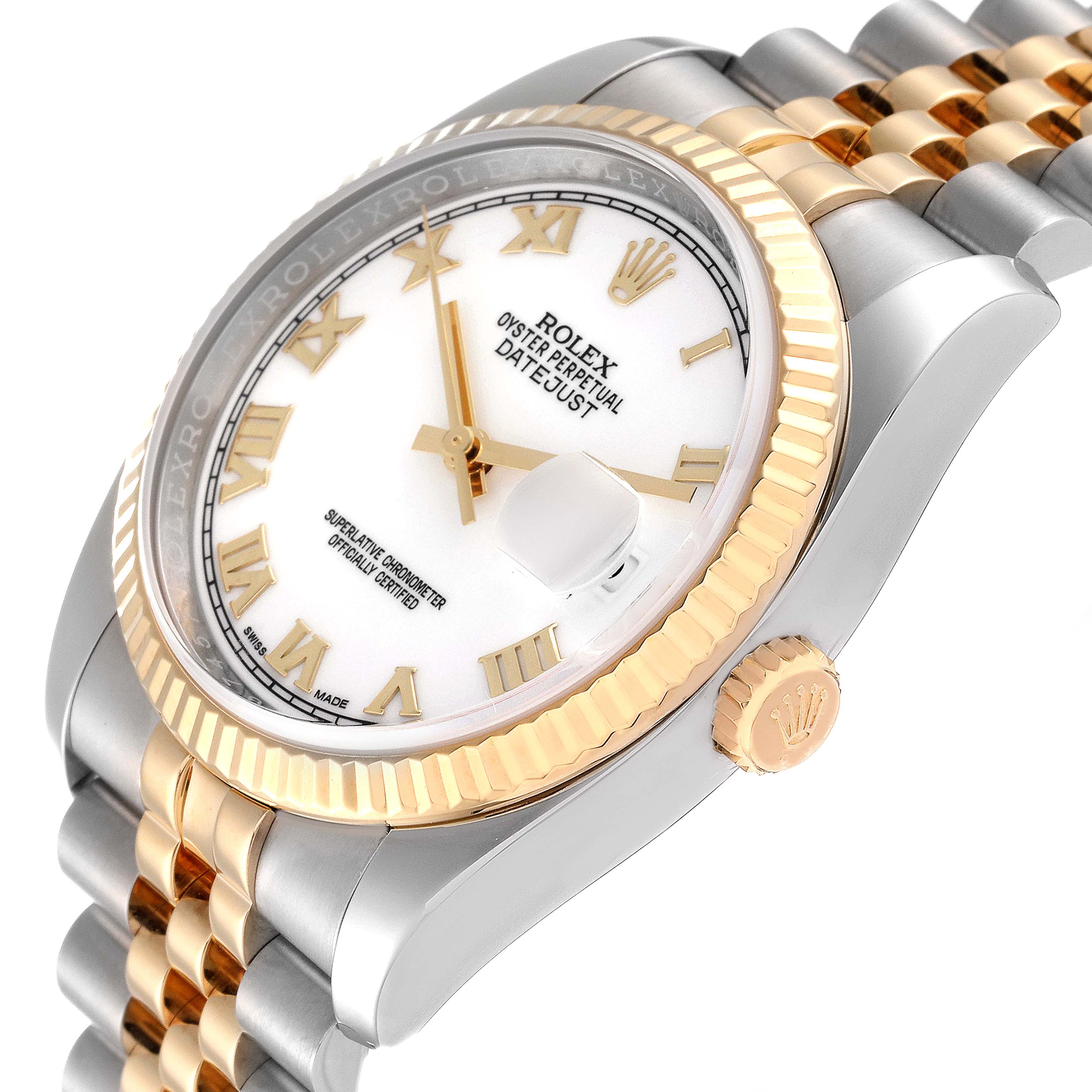 The image shows a Rolex Datejust 116233 Men's Stainless Steel White Dial 116233 Men's Stainless Steel White Dial watch at an angled close-up, highlighting its white dial, date window, and two-tone bracelet.