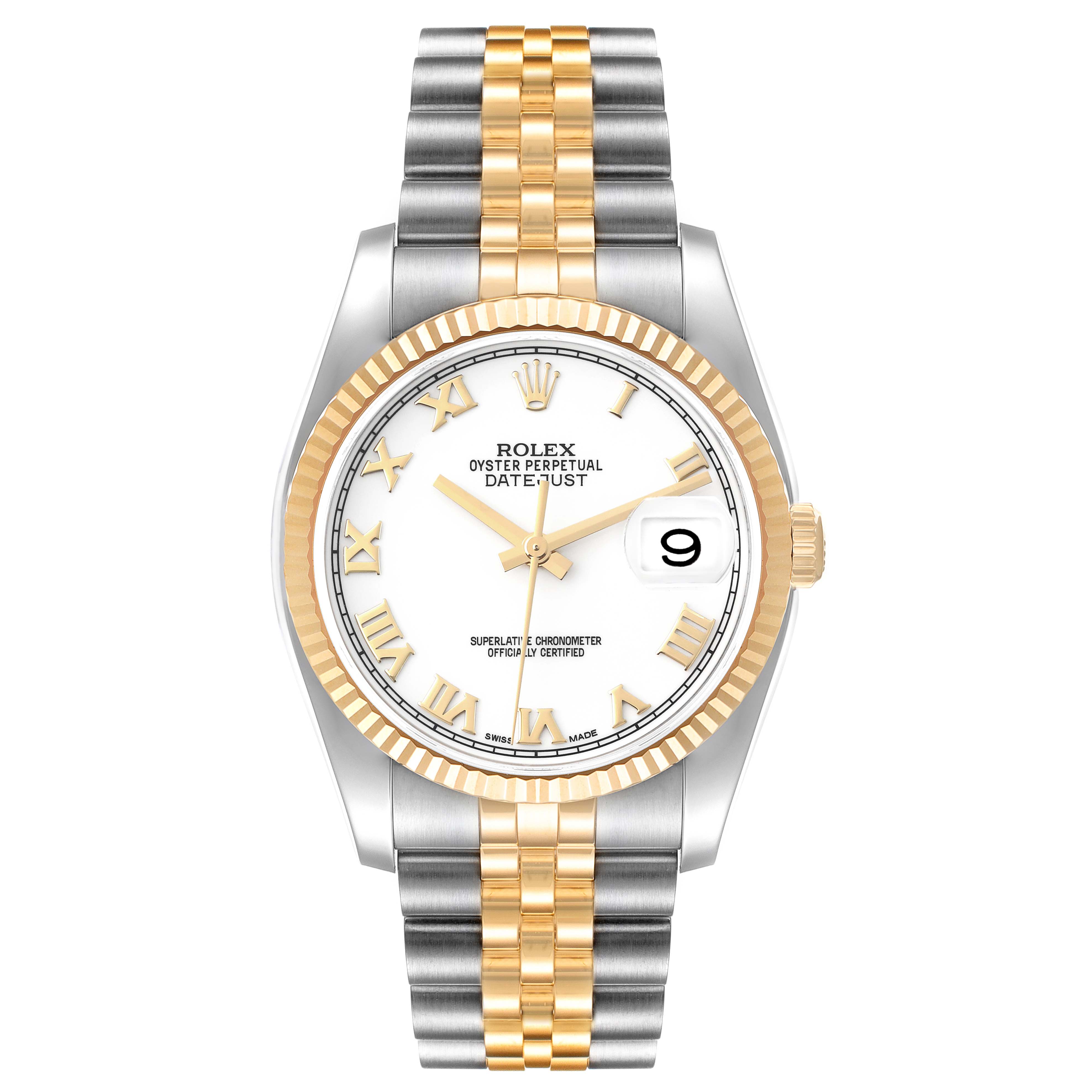 This Rolex Datejust 116233 Men's Stainless Steel White Dial 116233 Men's Stainless Steel White Dial watch is shown from a front angle, displaying its dial, bezel, and bracelet.