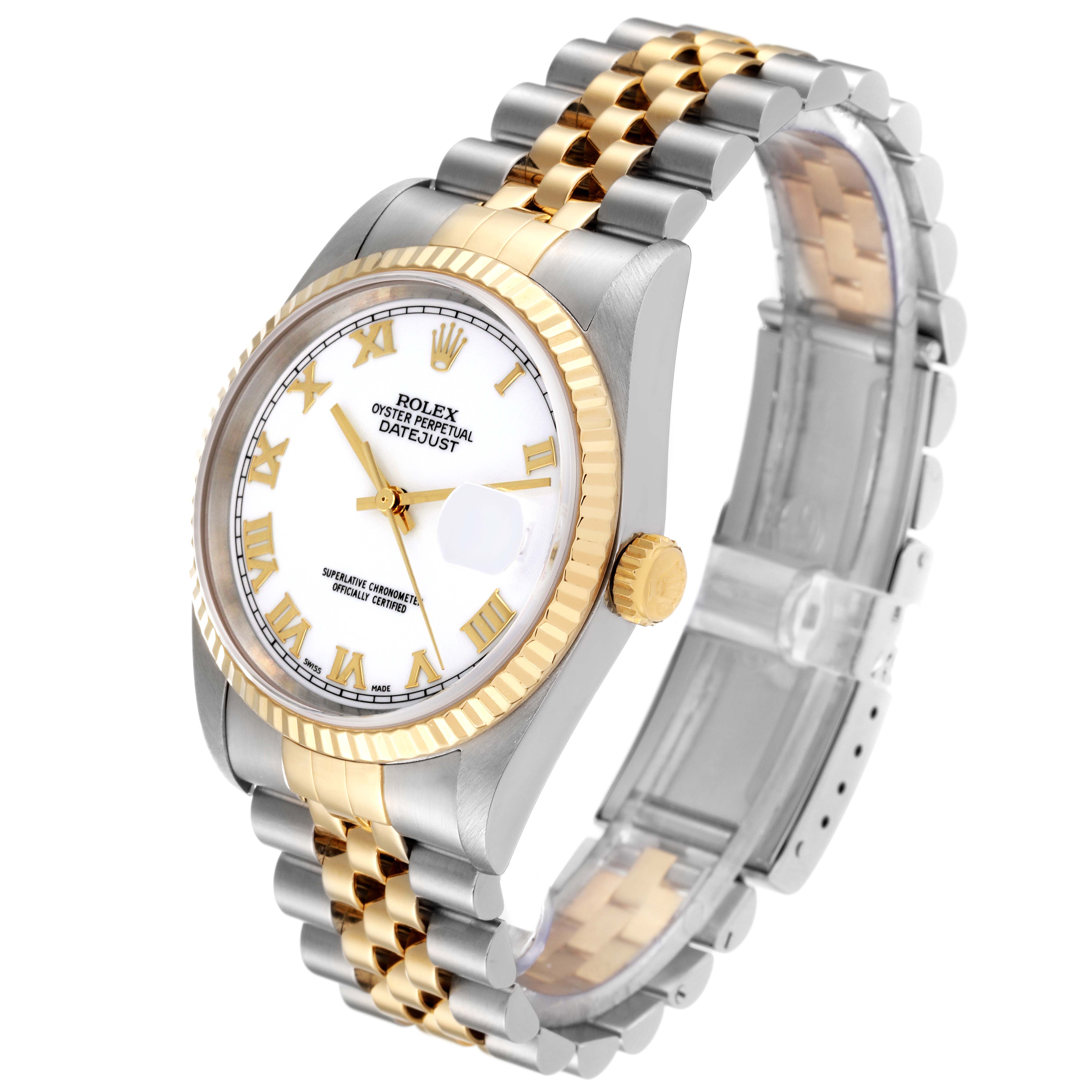The Rolex Datejust 16233 Men's Steel and Gold (two tone) White Dial 16233 Men's Steel and Gold (two tone) White Dial watch is shown at a slight angle, highlighting the white dial, gold and silver Jubilee bracelet, and fluted bezel.