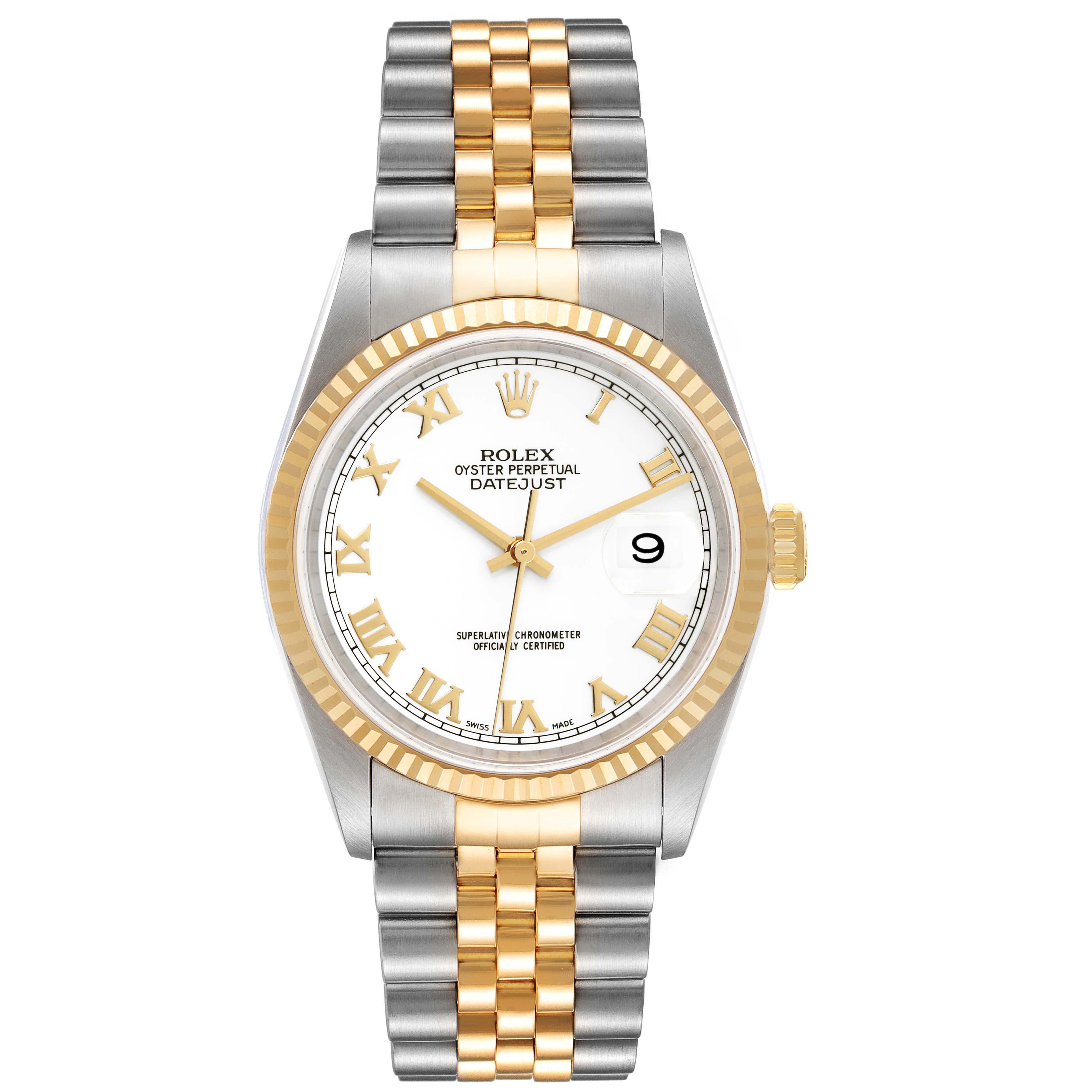 This image shows a Rolex Datejust 16233 Men's Steel and Gold (two tone) White Dial 16233 Men's Steel and Gold (two tone) White Dial watch from a top-down angle, displaying its face, bezel, and bracelet.