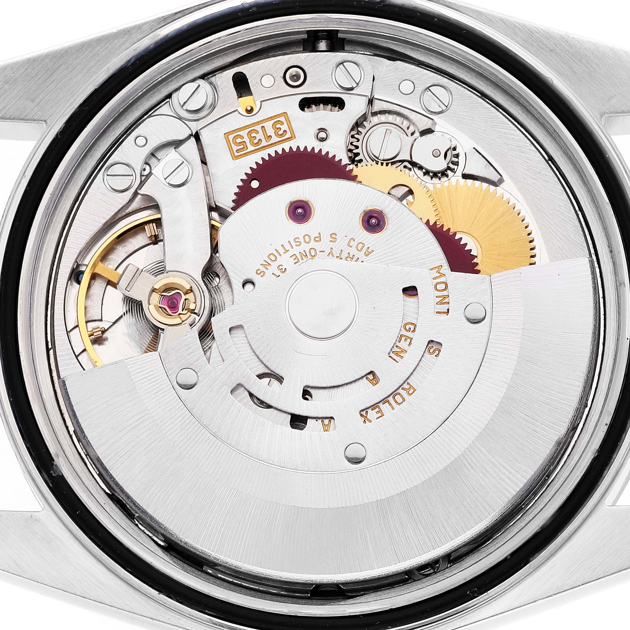 This image shows the movement and inner mechanism of the Rolex Datejust 16233 Men's Steel and Gold (two tone) White Dial 16233 Men's Steel and Gold (two tone) White Dial watch from a top-down view.