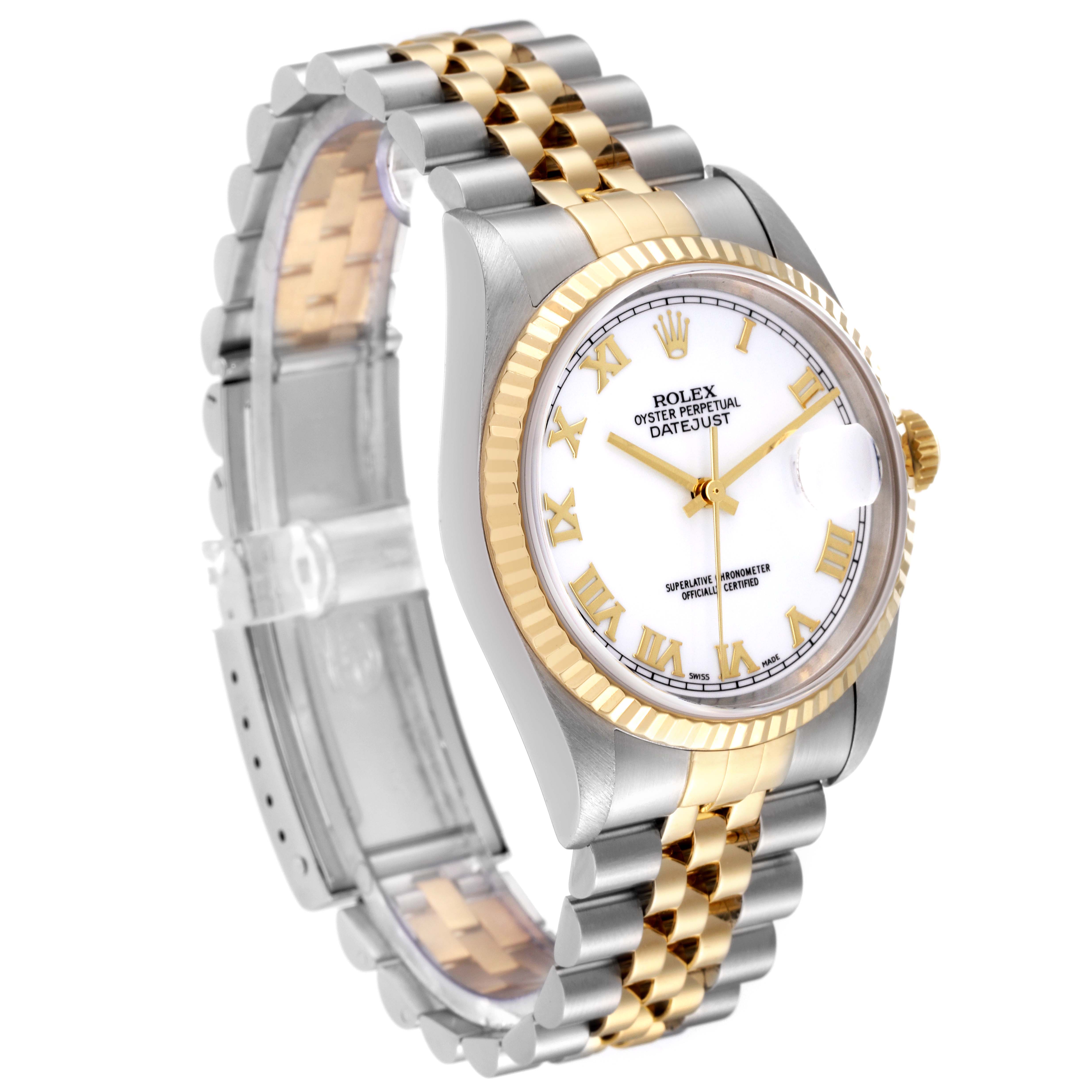 The image shows a Rolex Datejust 16233 Men's Steel and Gold (two tone) White Dial 16233 Men's Steel and Gold (two tone) White Dial model at a front angle, highlighting its two-tone bracelet, fluted bezel, and white dial with Roman numerals.