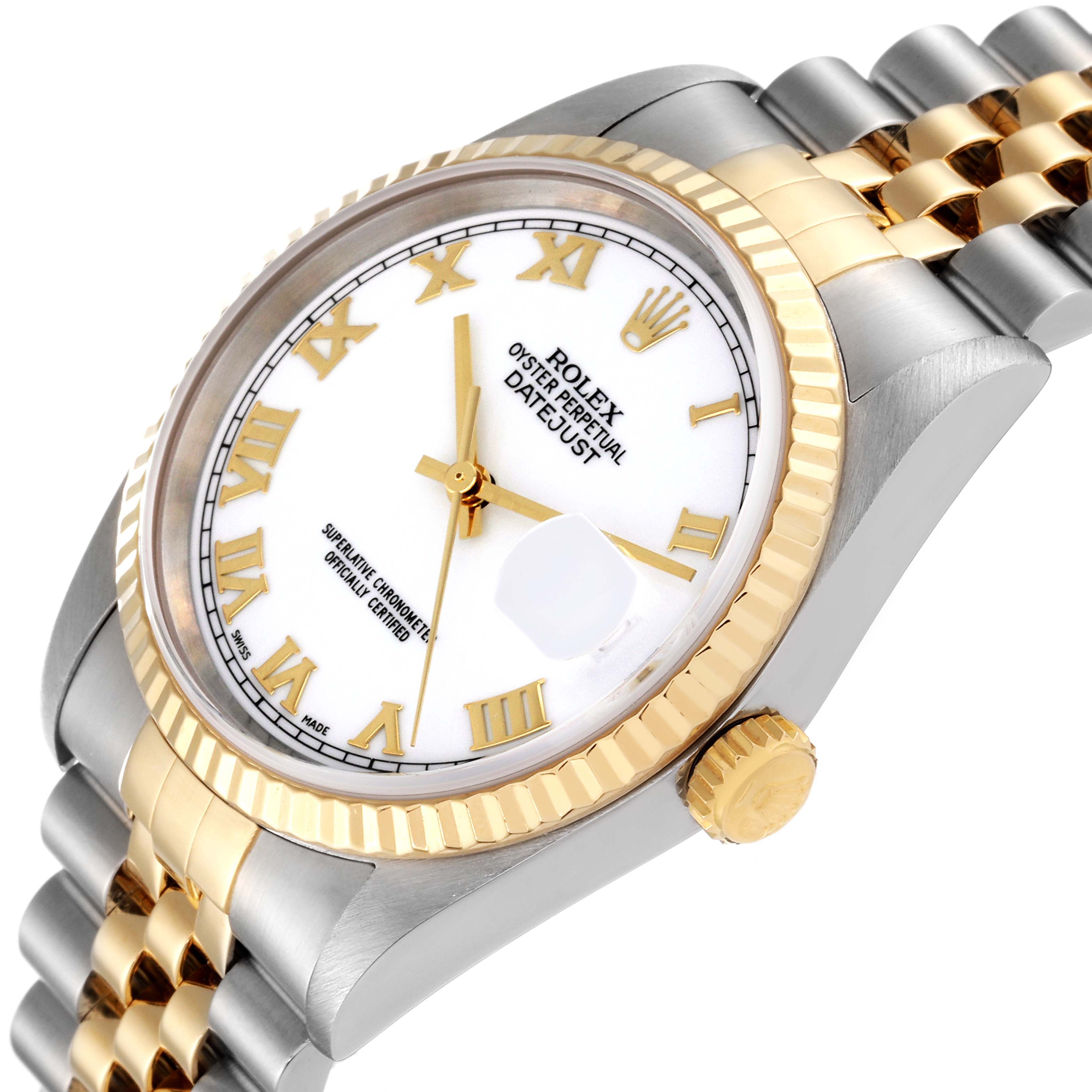 The image shows a Rolex Datejust 16233 Men's Steel and Gold (two tone) White Dial 16233 Men's Steel and Gold (two tone) White Dial watch at an angle, highlighting its two-tone bezel, crown, and part of the bracelet.