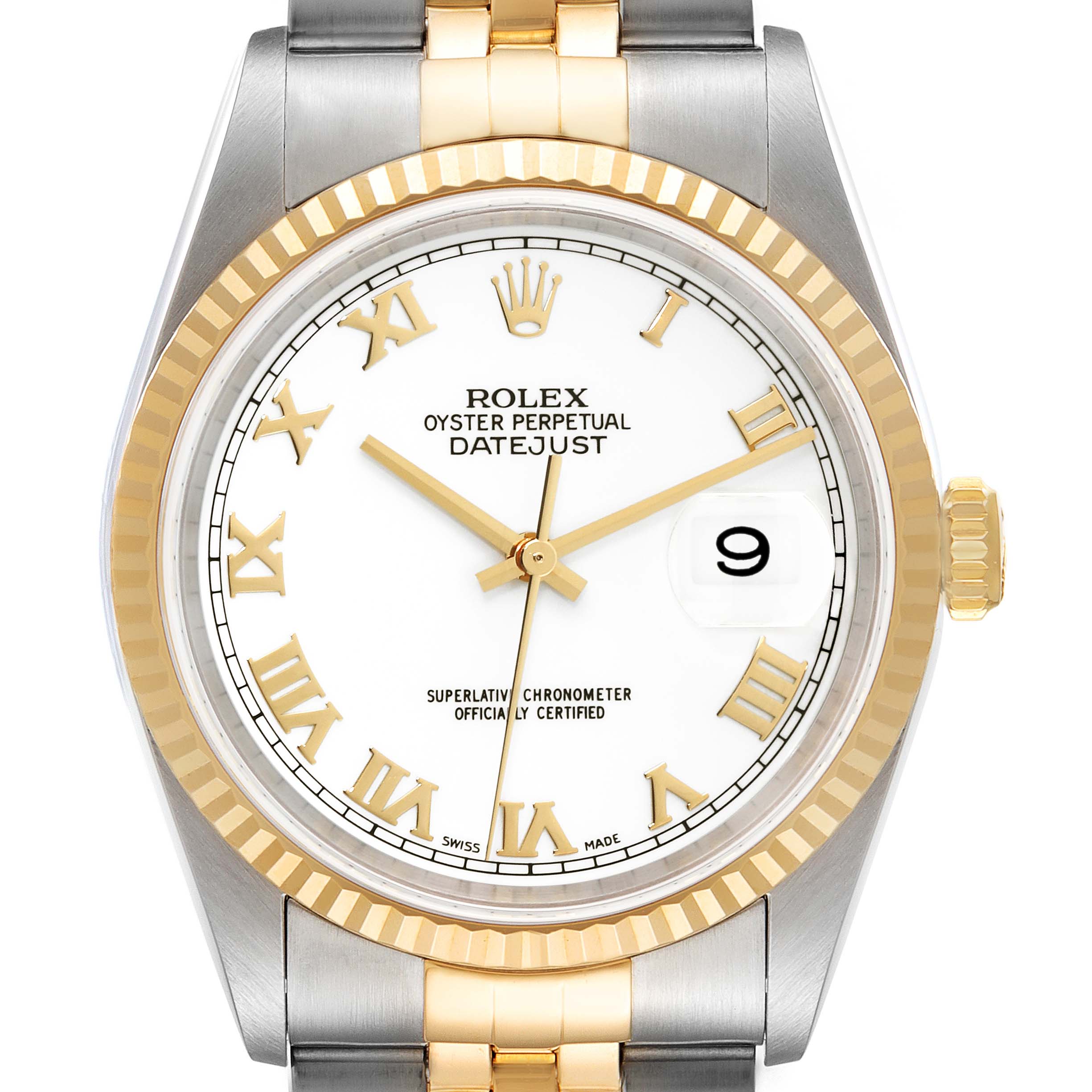This image shows a frontal view of the Rolex Datejust 16233 Men's Steel and Gold (two tone) White Dial 16233 Men's Steel and Gold (two tone) White Dial, highlighting the dial, bezel, and part of the bracelet.
