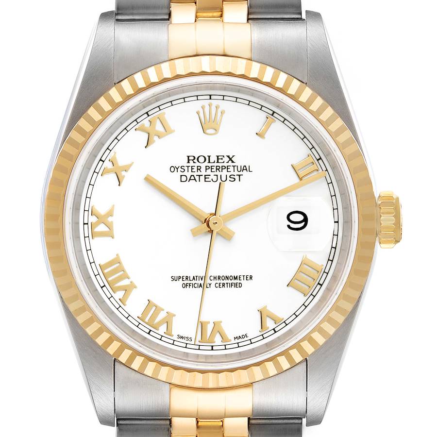 Rolex Datejust Steel Yellow Gold White Roman Dial Mens Watch 16233 Box Papers SwissWatchExpo