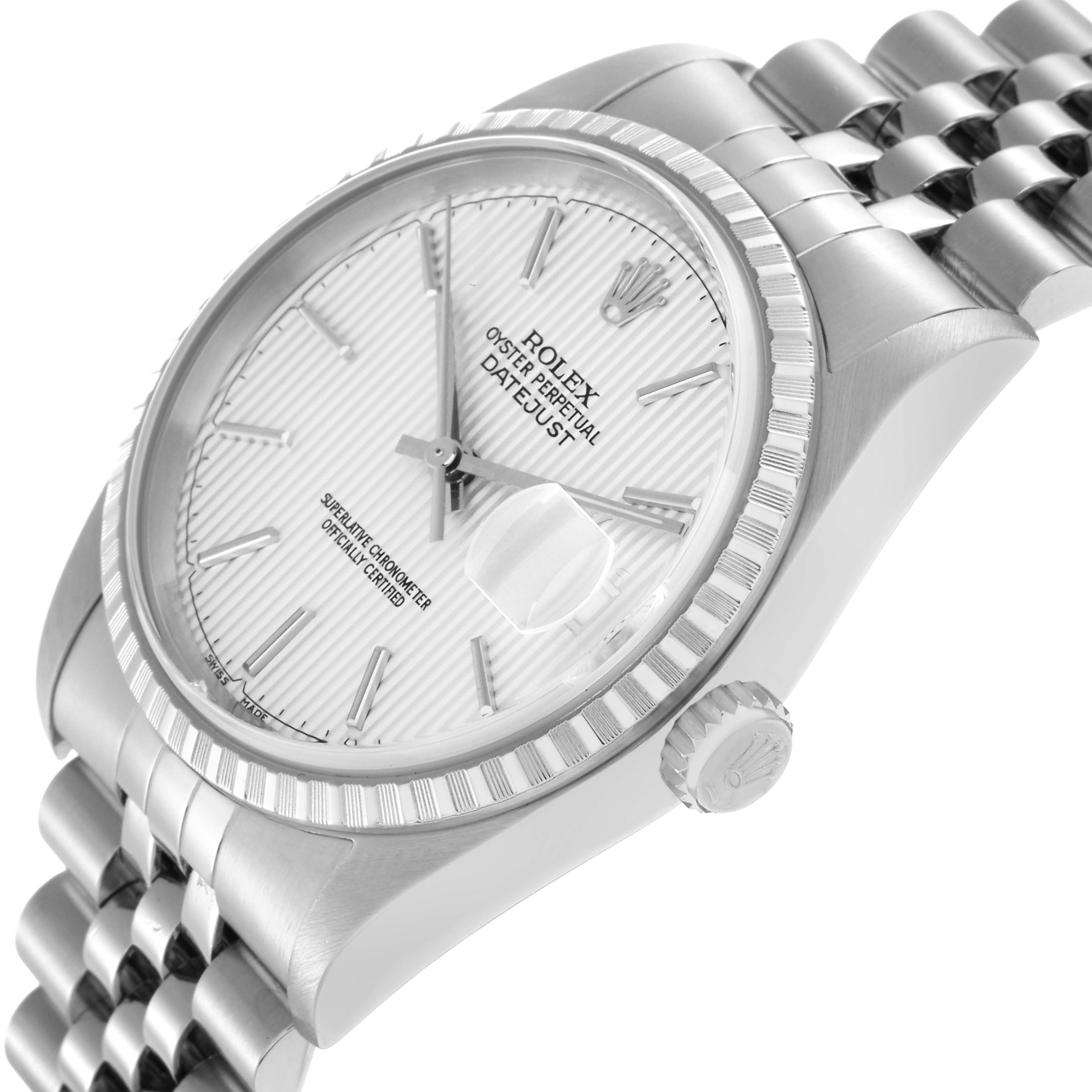 The Rolex Datejust model 16220 is shown at a slight angle highlighting the face, bezel, crown, and part of the Jubilee bracelet.