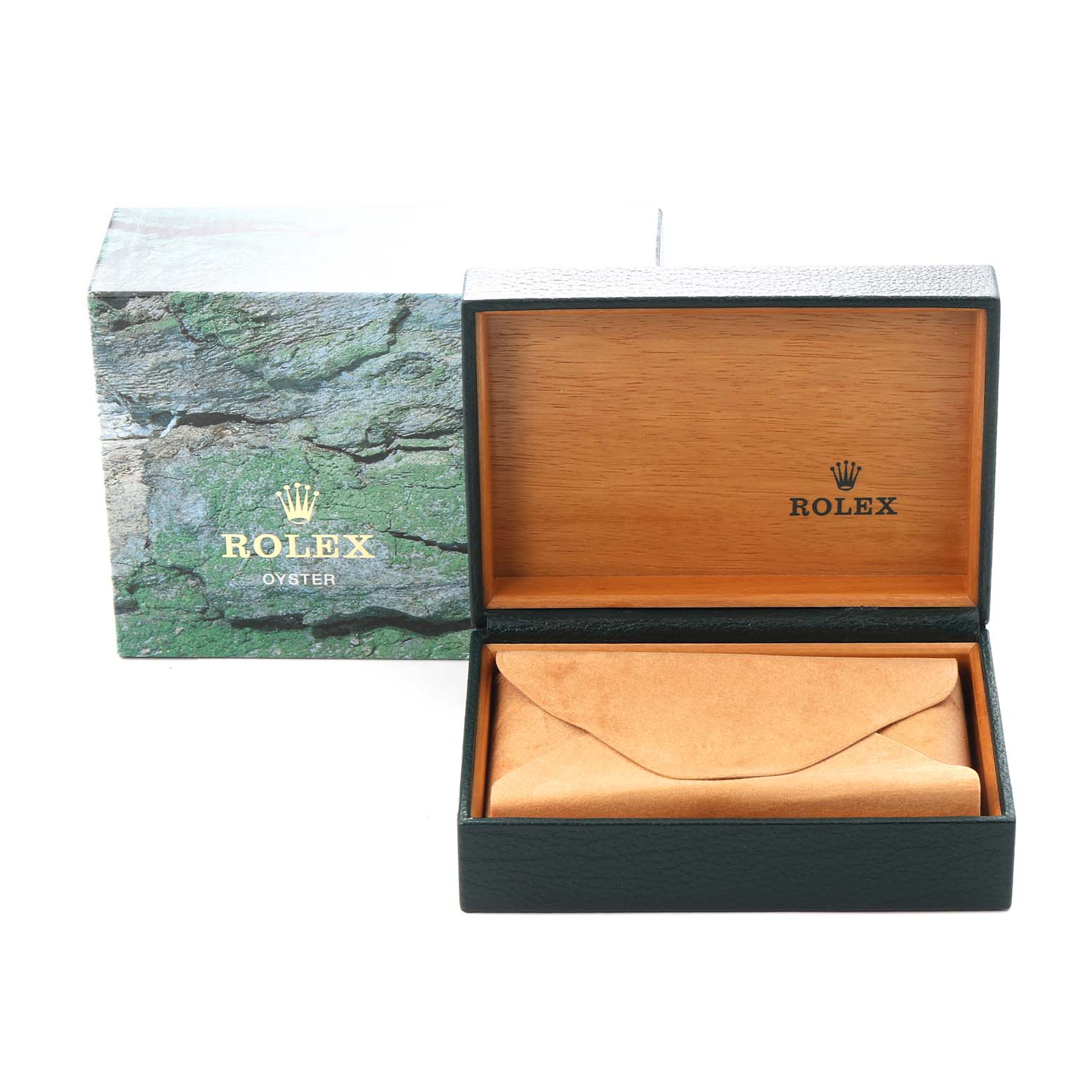 The image shows the packaging for a Rolex Datejust, model 16220, with the outer box and an open leather-lined inner box.