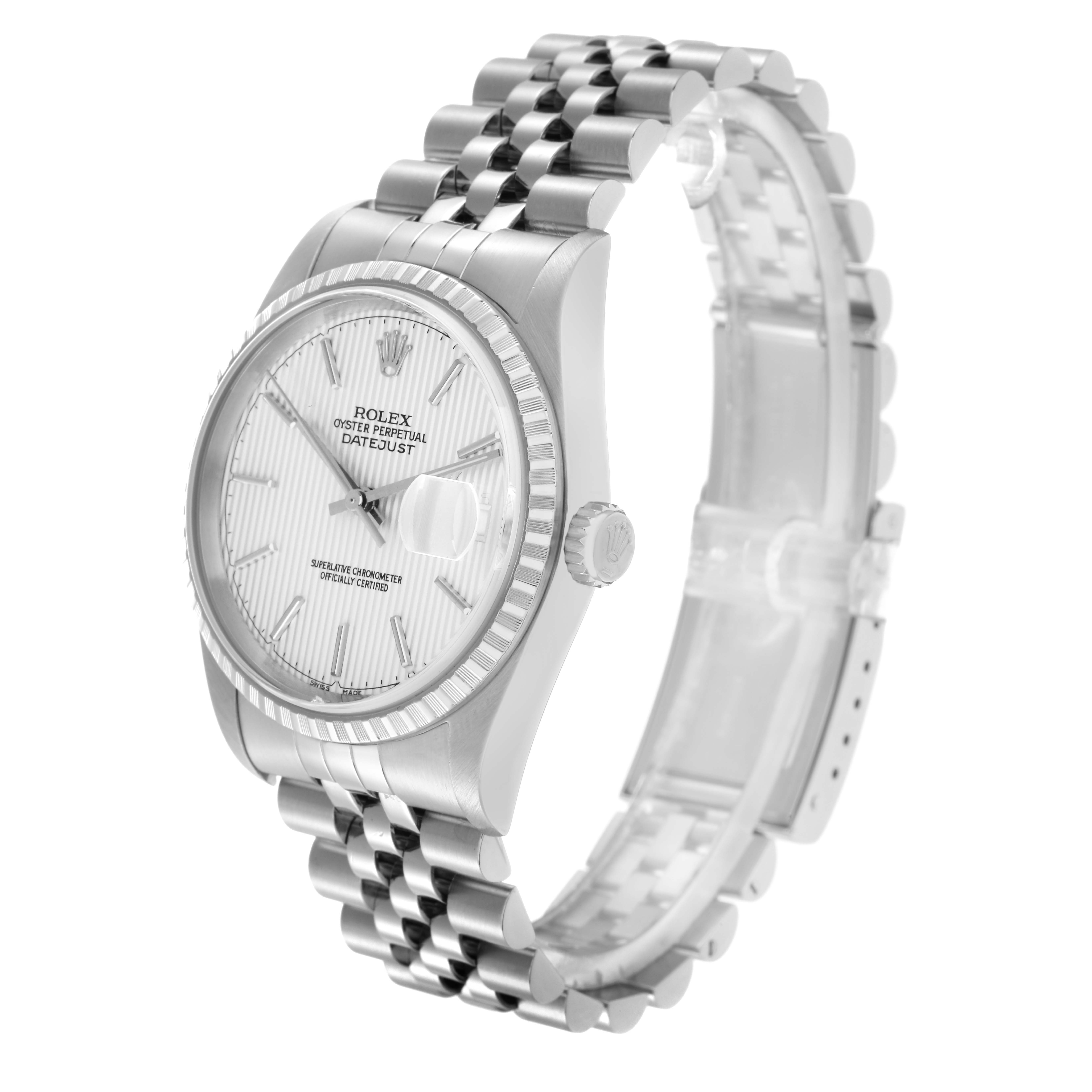 The Rolex Datejust model 16220 is shown at a slight angle from the front, displaying the face, bezel, crown, and part of the bracelet.
