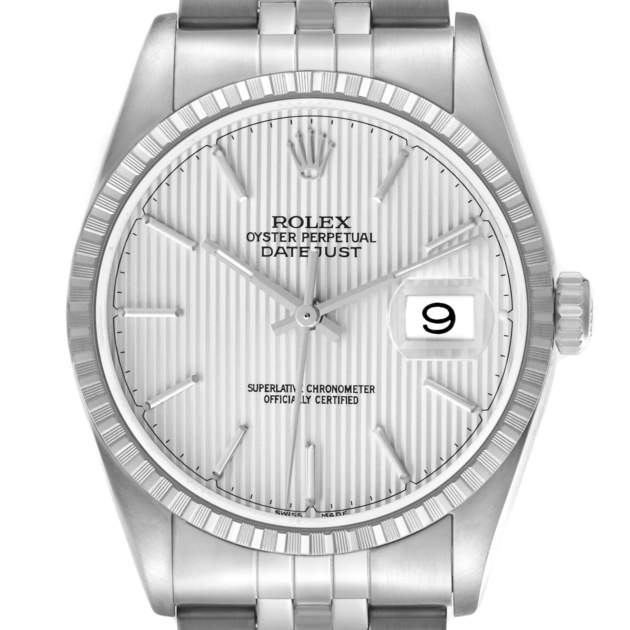 The Rolex Datejust model 16220 is shown from a front angle, displaying the dial, fluted bezel, and part of the bracelet, with the date visible.