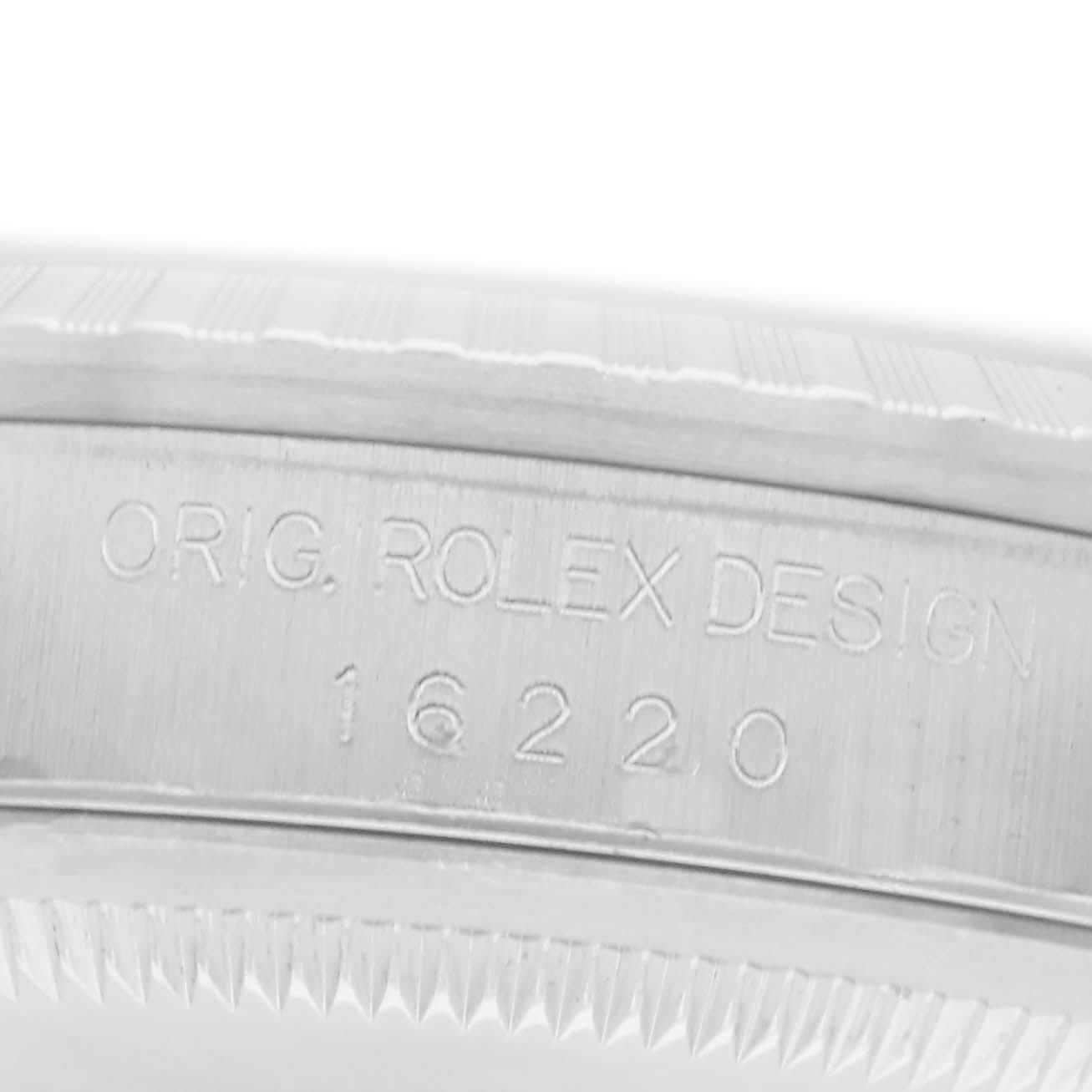 The image shows a close-up of the engraving on a Rolex Datejust model 16220 case, highlighting the "ORIG. ROLEX DESIGN" text.