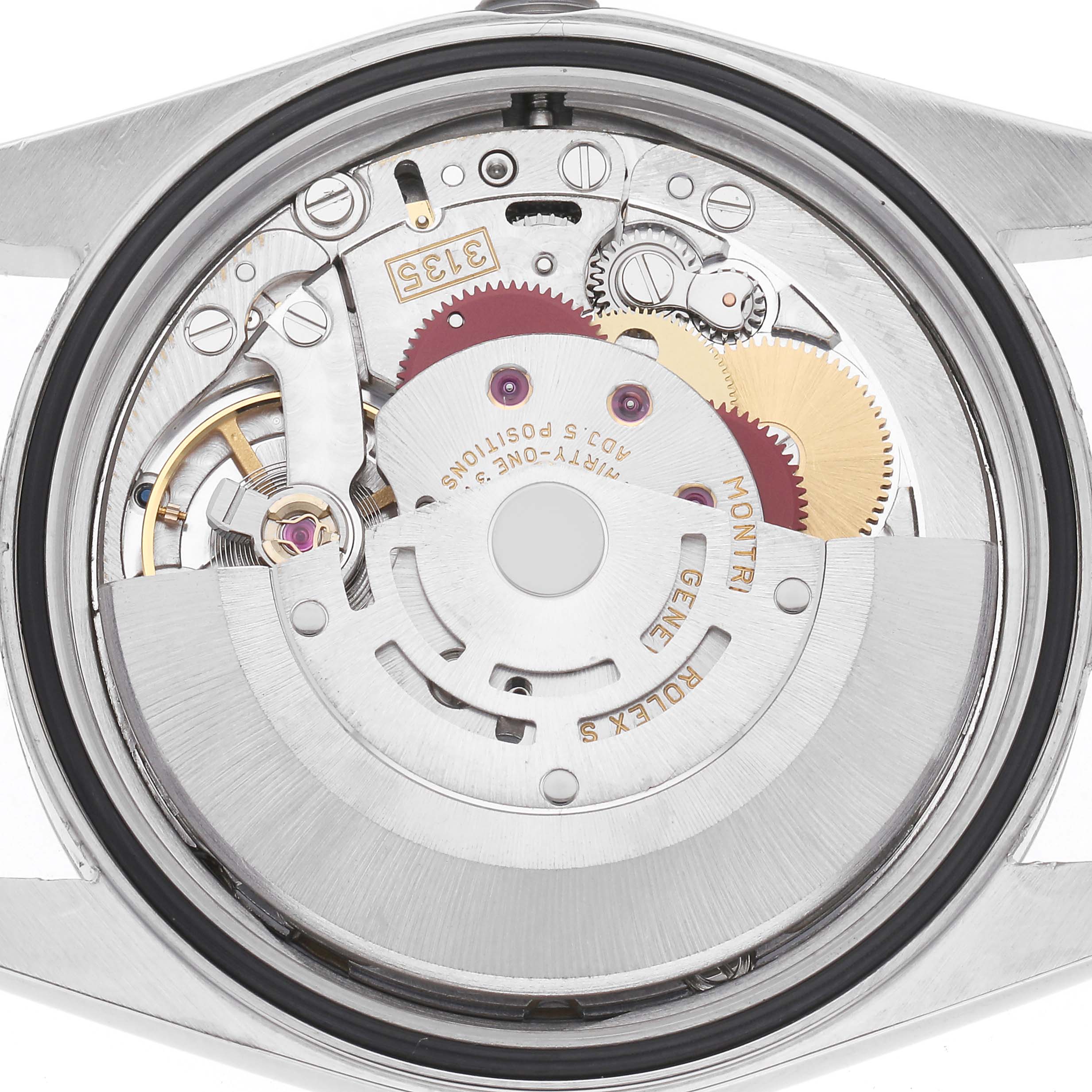 The image shows a close-up of the movement from the back of a Rolex Datejust model 16220 men
s watch, revealing intricate gears and components.