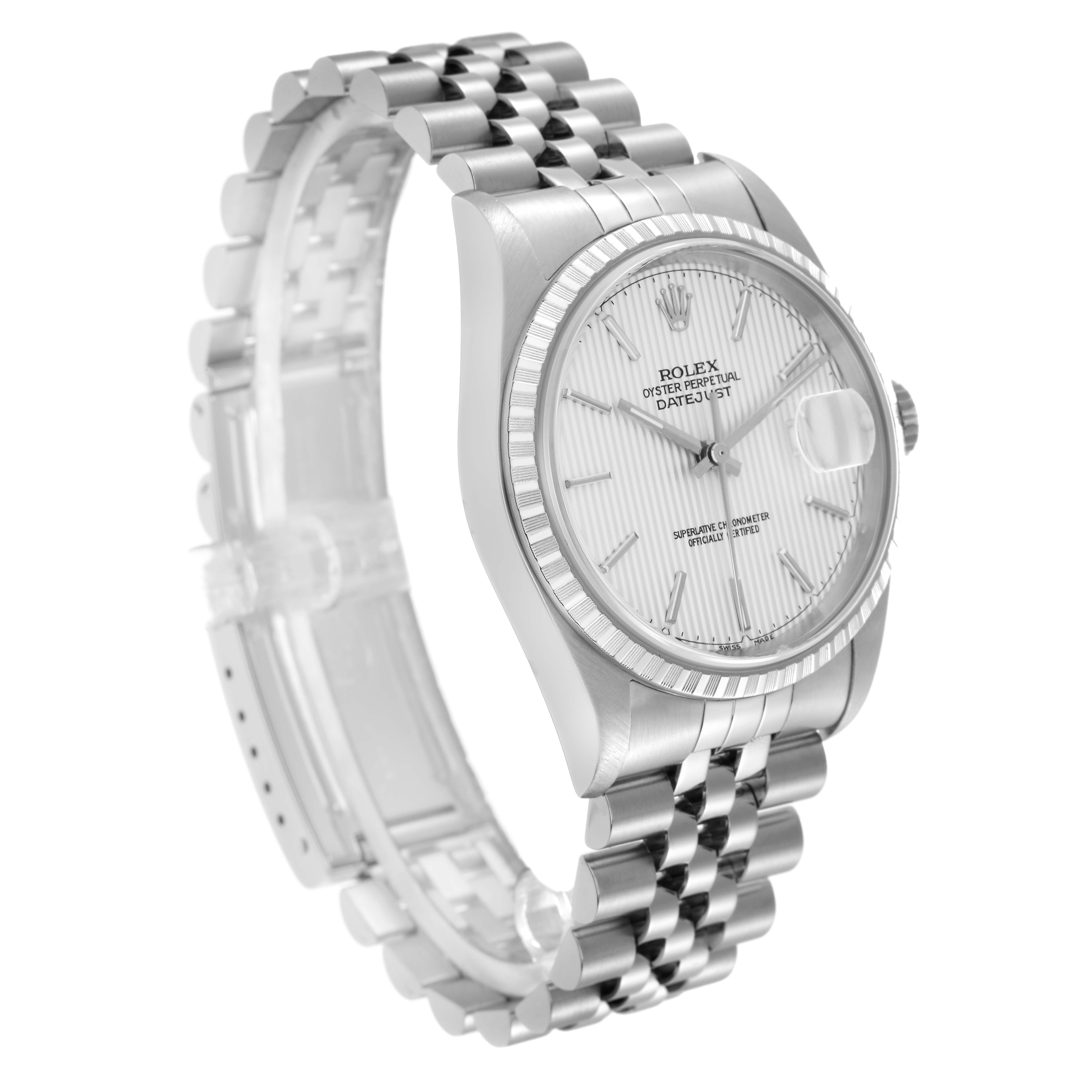 The Rolex Datejust model 16220 men
s watch is shown at a slight angle, highlighting the bezel, dial, hour markers, and Jubilee bracelet.