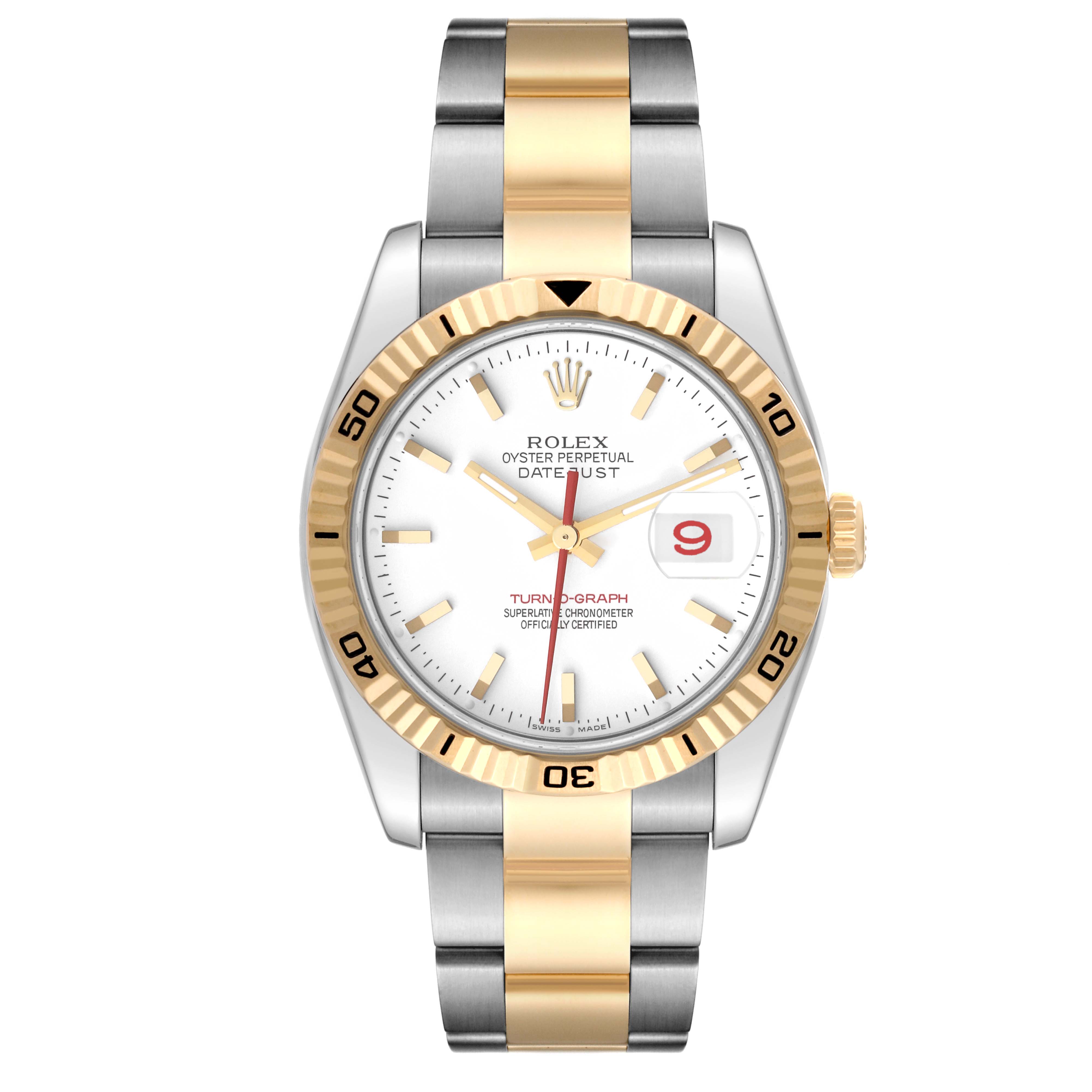 The Rolex Turn-o-Graph 116263 Men's Steel and Gold (two tone) White Dial 116263 Men's Steel and Gold (two tone) White Dial watch is shown from the front, displaying its face, bezel, crown, and bracelet.