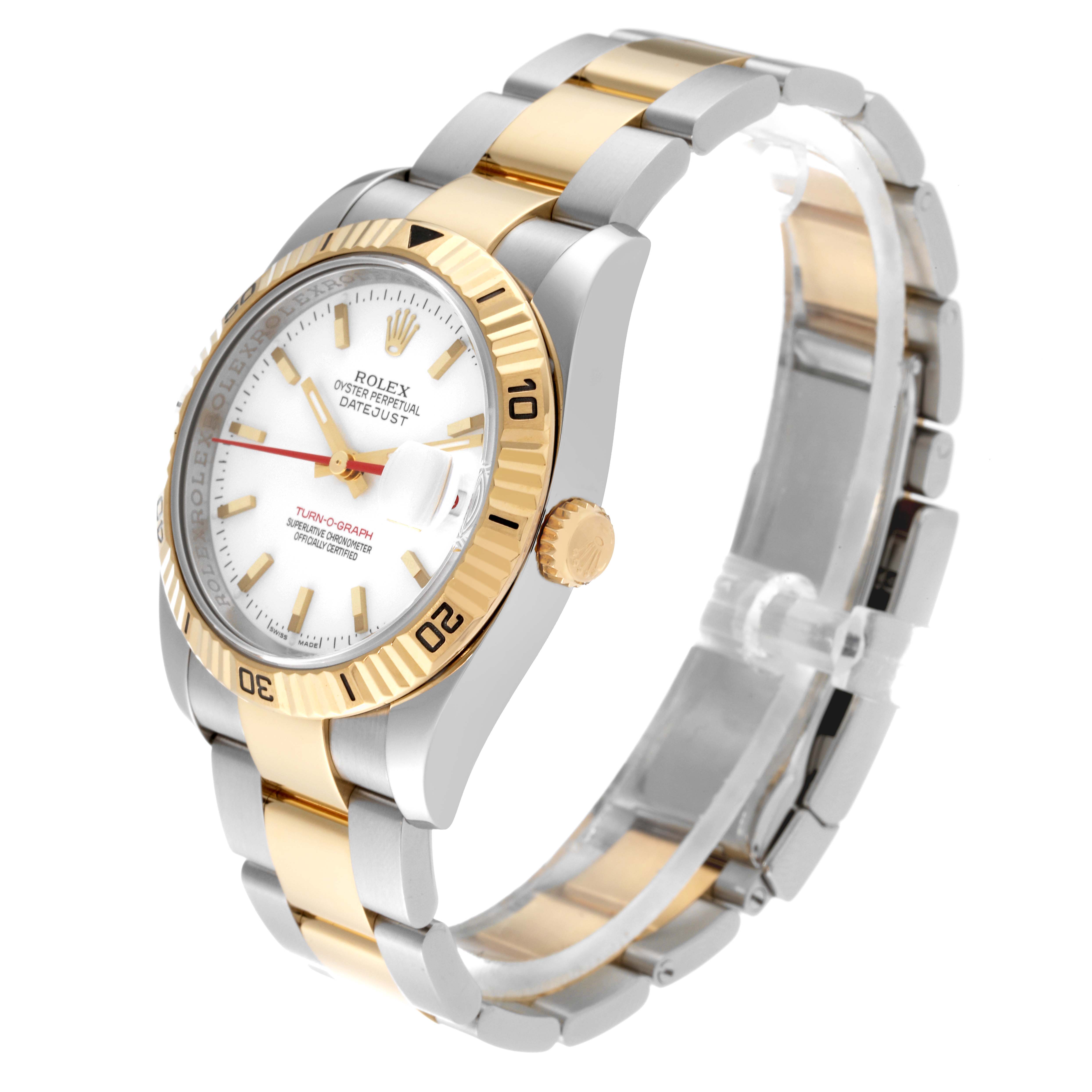 This image features a Rolex Turn-o-Graph 116263 Men's Steel and Gold (two tone) White Dial 116263 Men's Steel and Gold (two tone) White Dial watch at an angle showcasing the dial, bezel, crown, and bracelet.