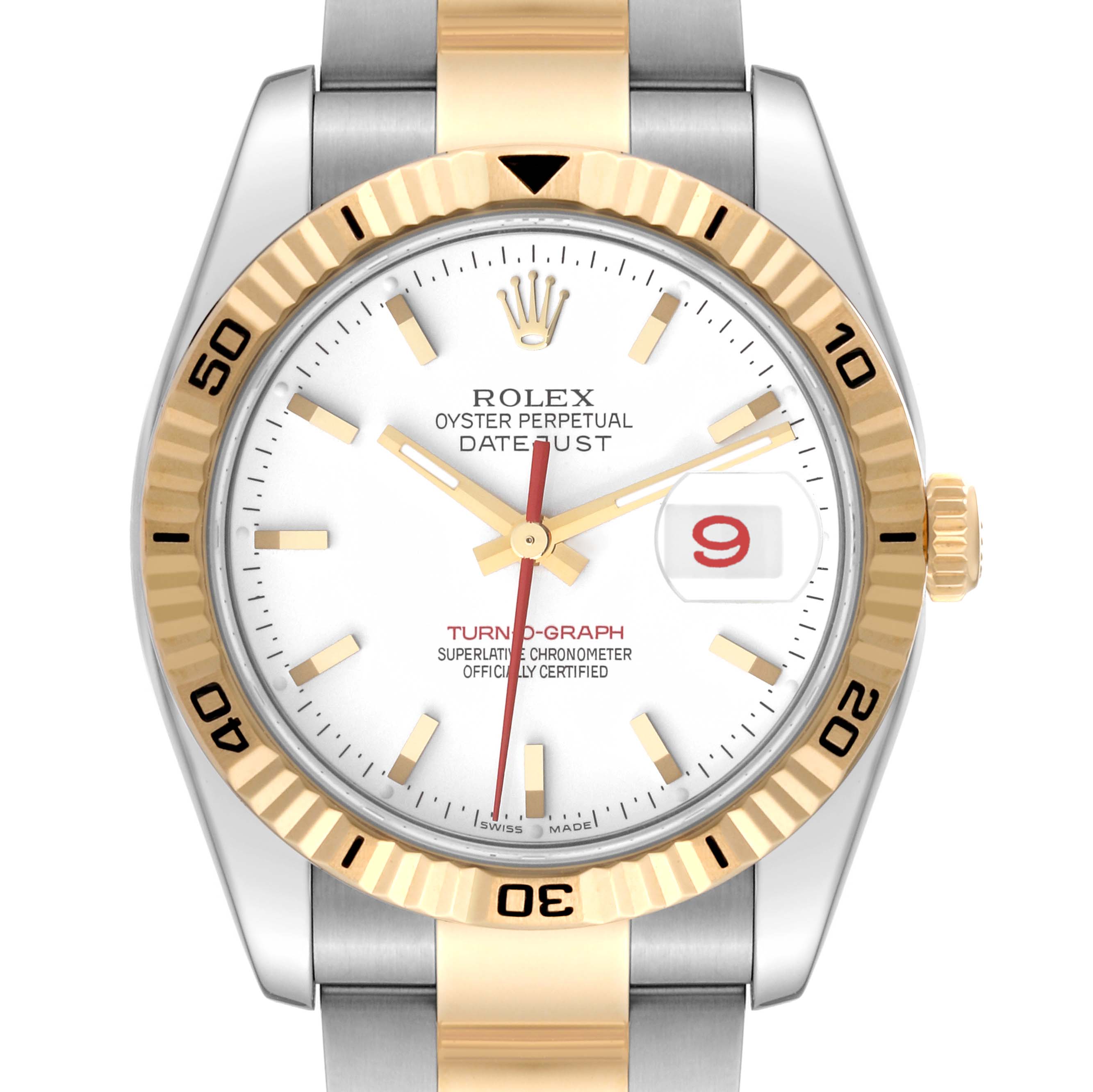 This image shows a front view of the Rolex Turn-o-Graph 116263 Men's Steel and Gold (two tone) White Dial 116263 Men's Steel and Gold (two tone) White Dial watch, highlighting its dial, bezel, crown, and bracelet.