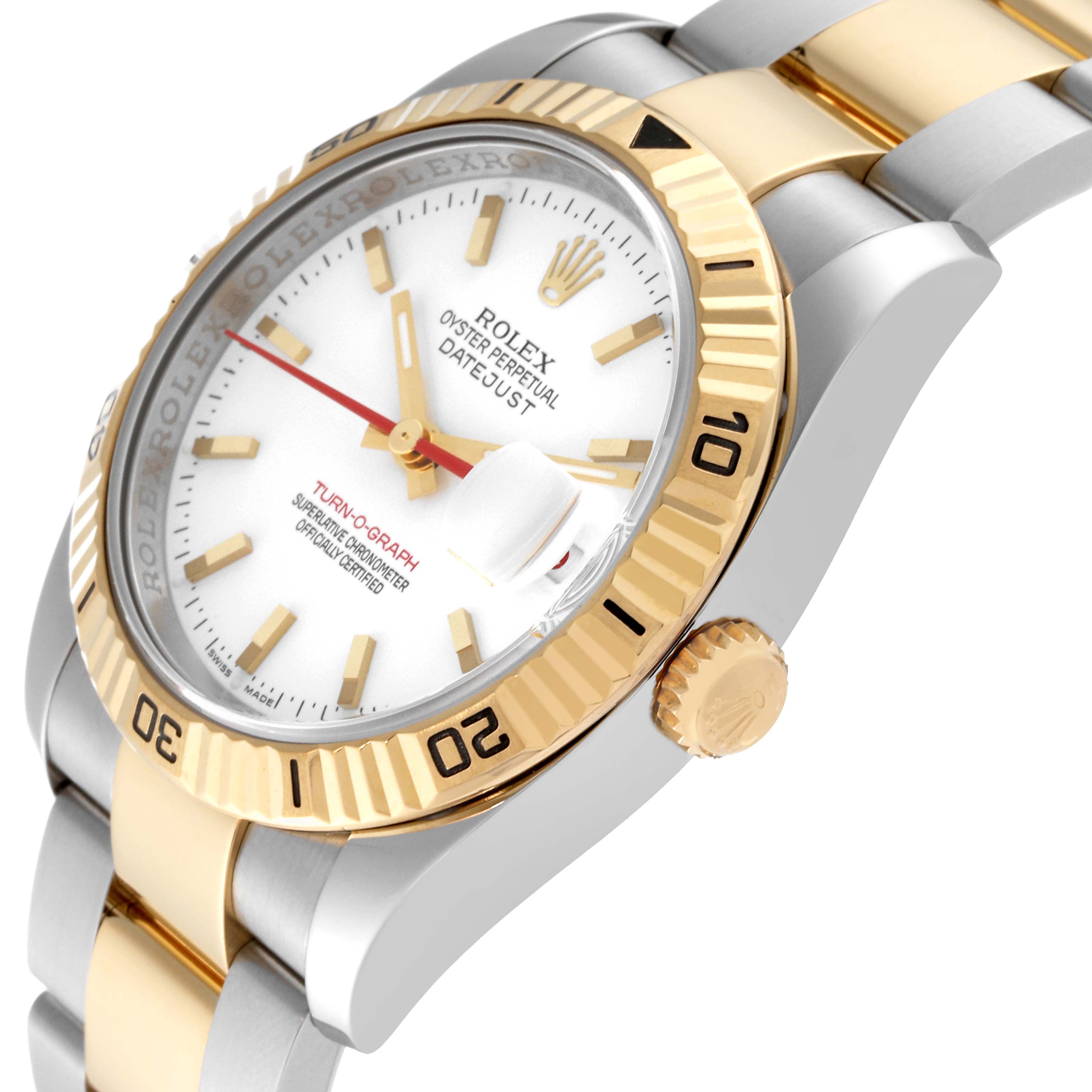The image shows a close-up angle of a Rolex Turn-o-Graph 116263 Men's Steel and Gold (two tone) White Dial 116263 Men's Steel and Gold (two tone) White Dial watch, highlighting its bezel, crown, dial, and bracelet.