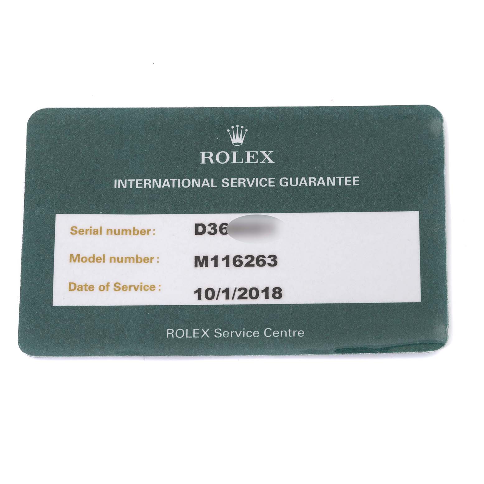 The image shows a Rolex International Service Guarantee card for the Turn-o-Graph model M116263.
