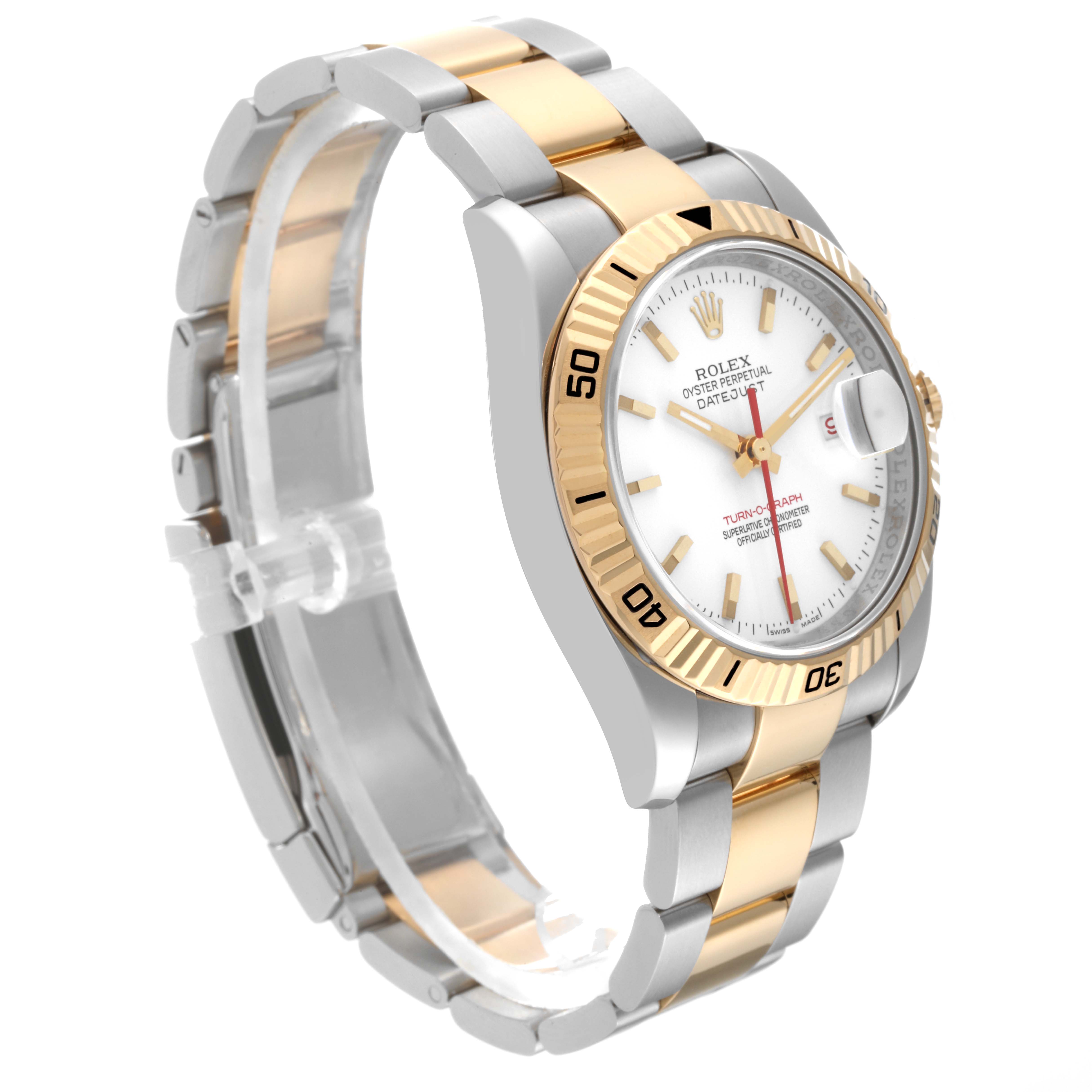This Rolex Turn-o-Graph 116263 Men's Steel and Gold (two tone) White Dial 116263 Men's Steel and Gold (two tone) White Dial watch is shown at a side angle, highlighting its gold and silver bracelet, white dial, and rotating gold bezel.