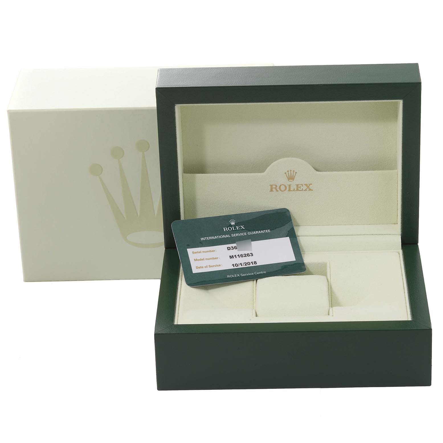 The image shows an opened Rolex watch box for a Turn-o-Graph model, displaying the interior and international service guarantee card.