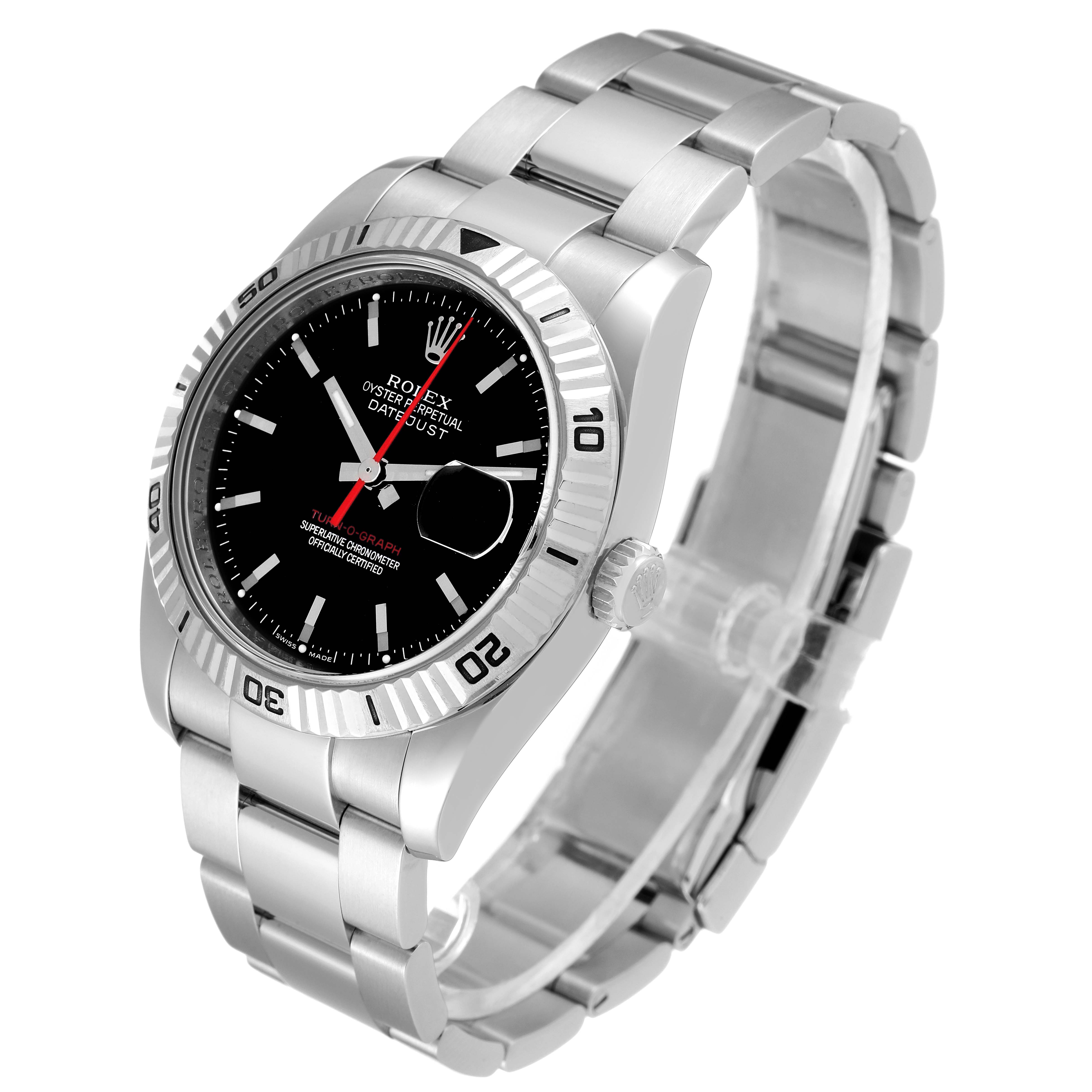 This image shows a Rolex Turn-o-Graph 116264 Men's Stainless Steel Black Dial 116264 Men's Stainless Steel Black Dial watch at a slight angled perspective, highlighting its bezel, dial, and metal bracelet.