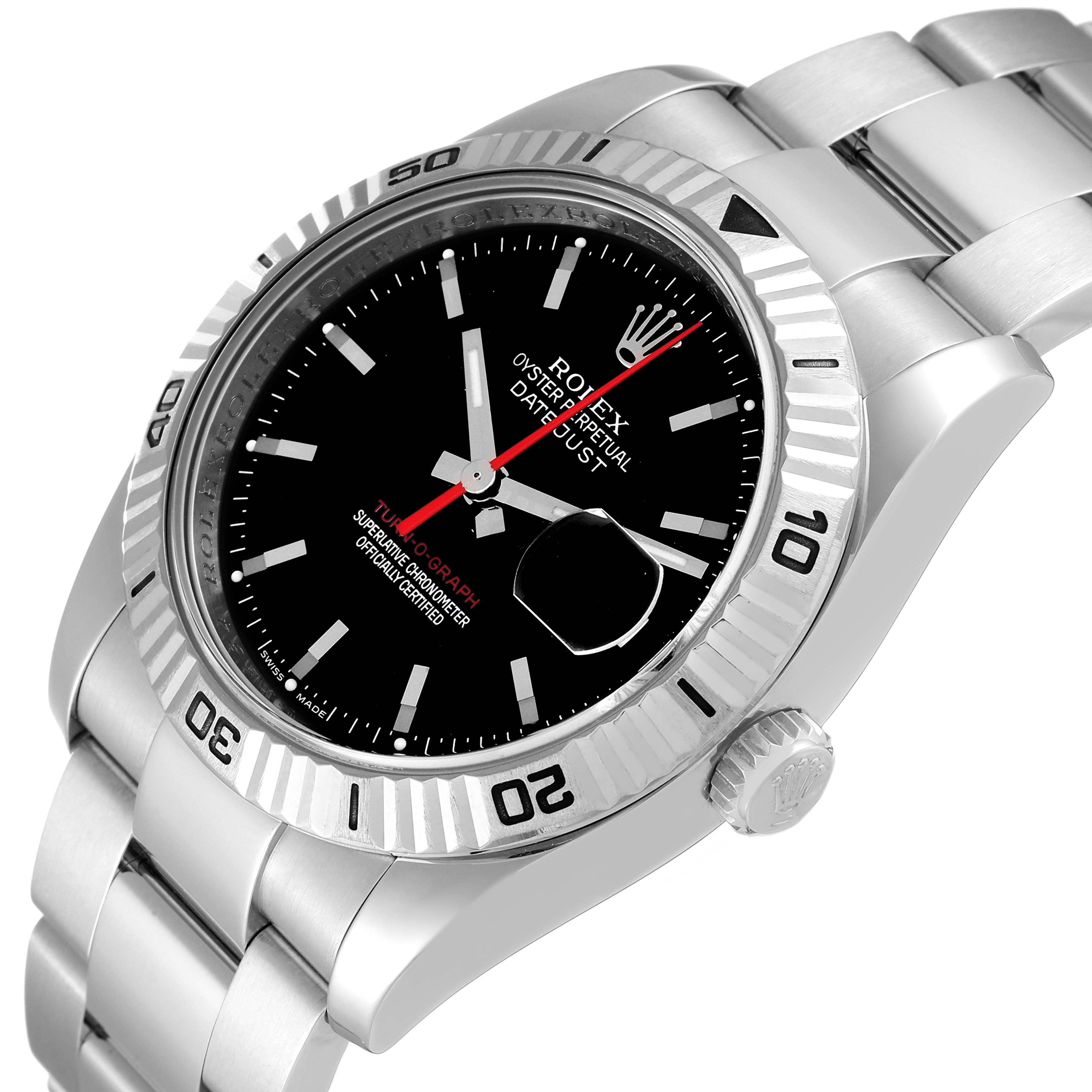 The image shows a close-up of the Rolex Turn-o-Graph 116264 Men's Stainless Steel Black Dial 116264 Men's Stainless Steel Black Dial watch, highlighting the dial, bezel, and part of the bracelet.