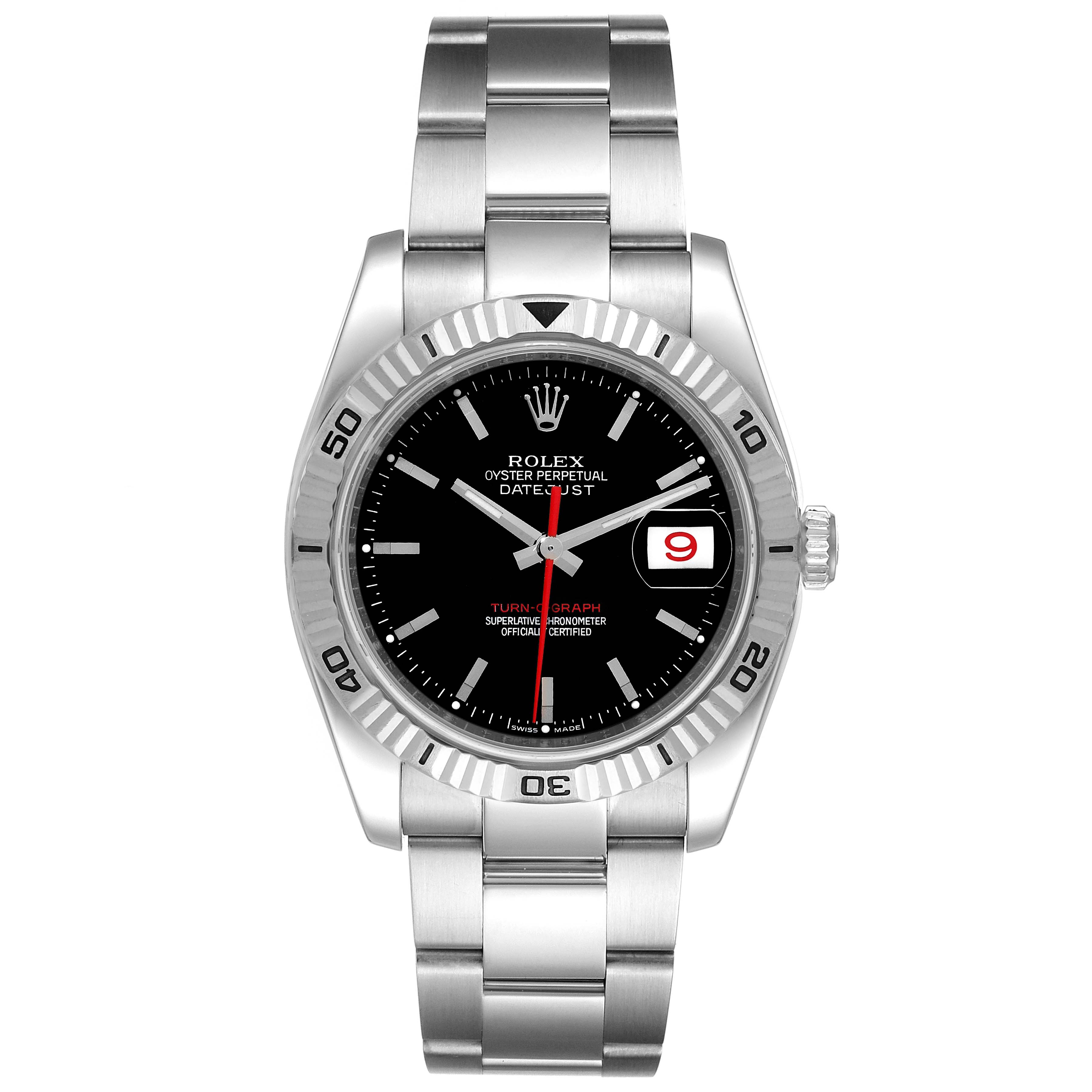The image shows a front view of the Rolex Turn-o-Graph 116264 Men's Stainless Steel Black Dial 116264 Men's Stainless Steel Black Dial watch, displaying the dial, bezel, bracelet, and date window.