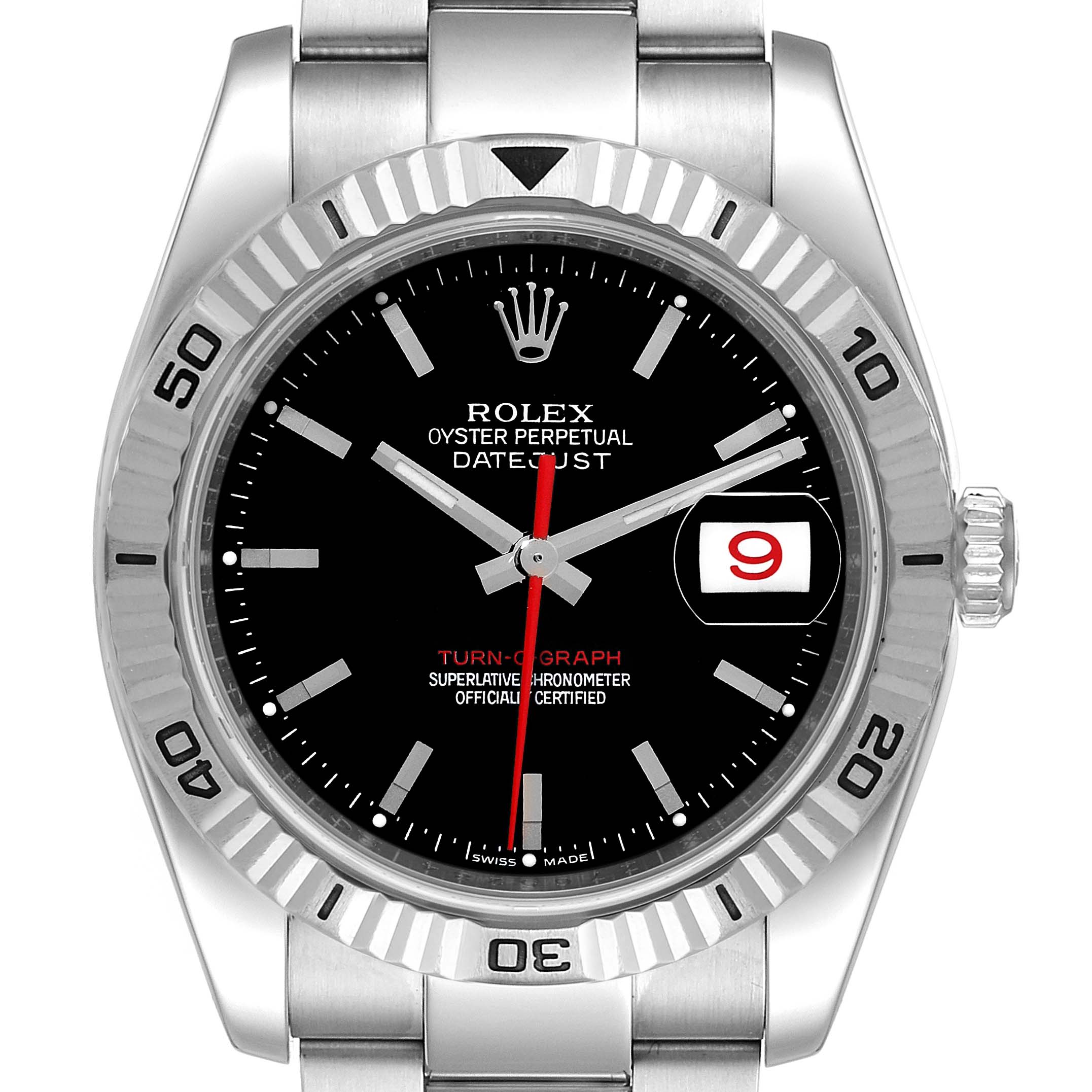 The image shows a frontal view of a Rolex Turn-o-Graph 116264 Men's Stainless Steel Black Dial 116264 Men's Stainless Steel Black Dial watch, highlighting the face, bezel, hands, and part of the bracelet.