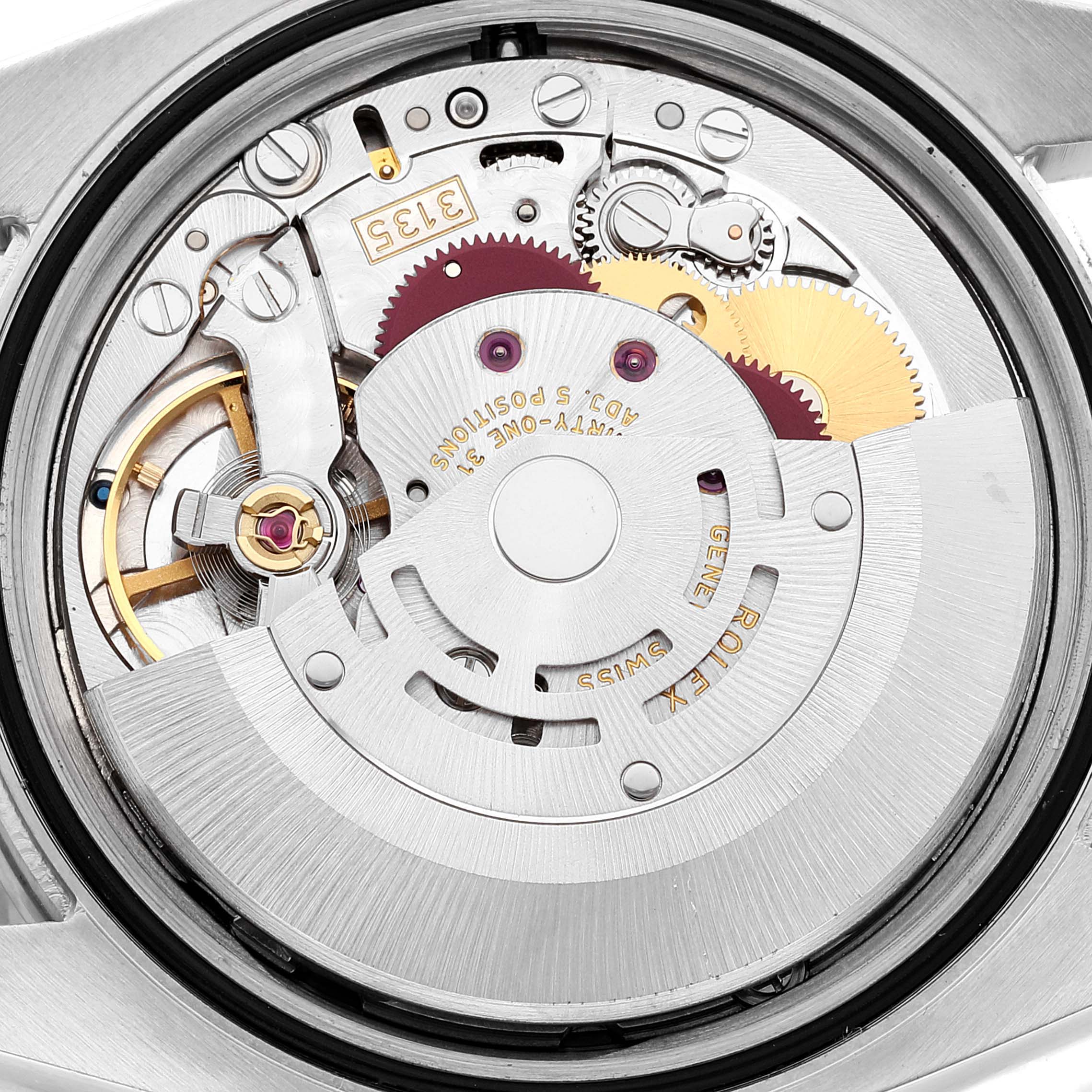 This is an internal view of the Rolex Turn-o-Graph 116264 Men's Stainless Steel Black Dial 116264 Men's Stainless Steel Black Dial watch, showing the movement and gears.