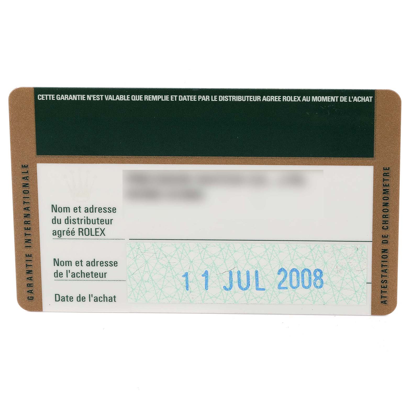 The image shows a Rolex Turn-o-Graph 116264 Men's Stainless Steel Black Dial 116264 Men's Stainless Steel Black Dial warranty card, specifically displaying purchase date and authorized distributor details.