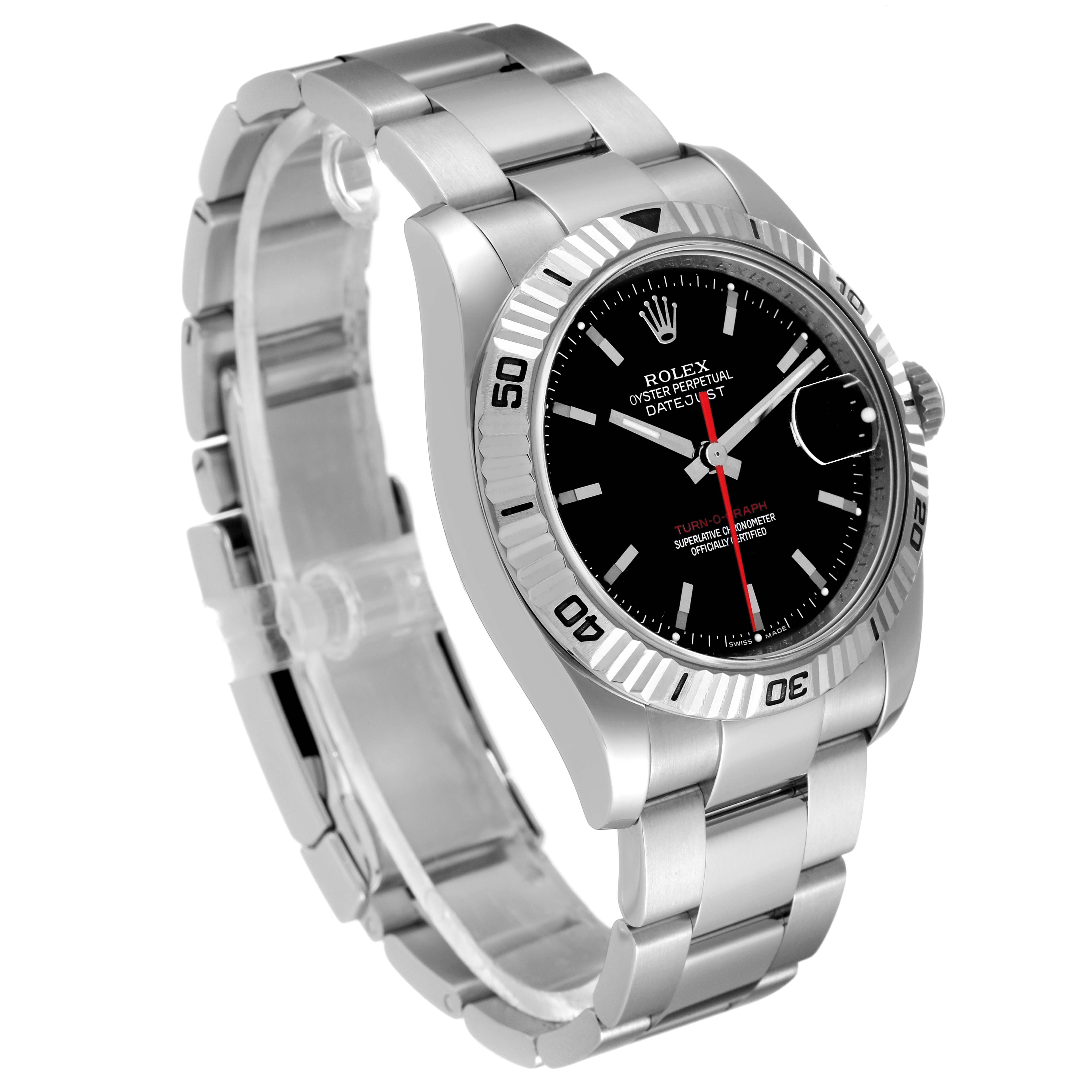 The image shows a side angle of the Rolex Turn-o-Graph 116264 Men's Stainless Steel Black Dial 116264 Men's Stainless Steel Black Dial model watch, highlighting the bracelet, bezel, and face.