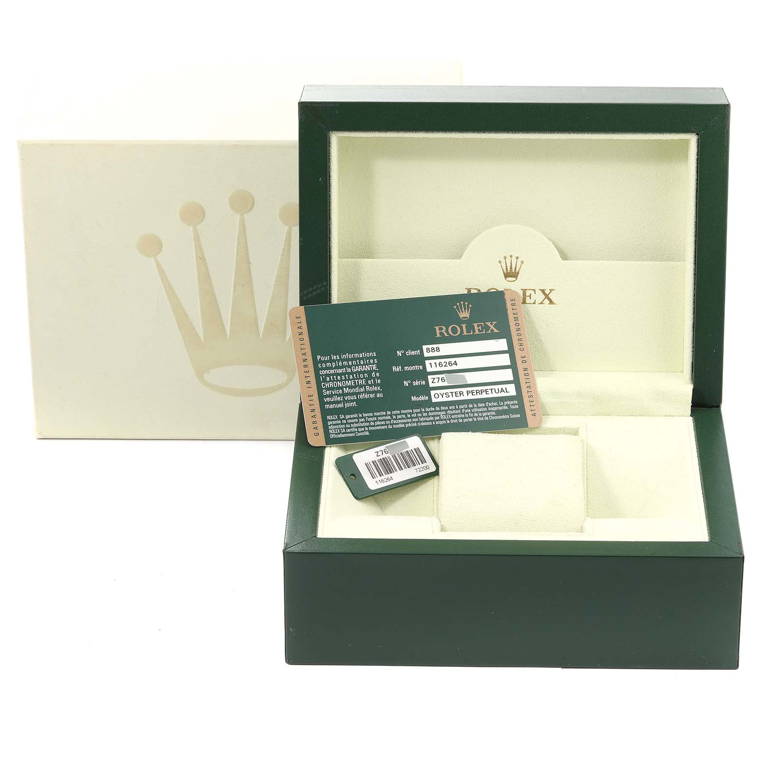 This image shows the box and authenticity card for the Rolex Turn-o-Graph 116264 Men's Stainless Steel Black Dial 116264 Men's Stainless Steel Black Dial model.