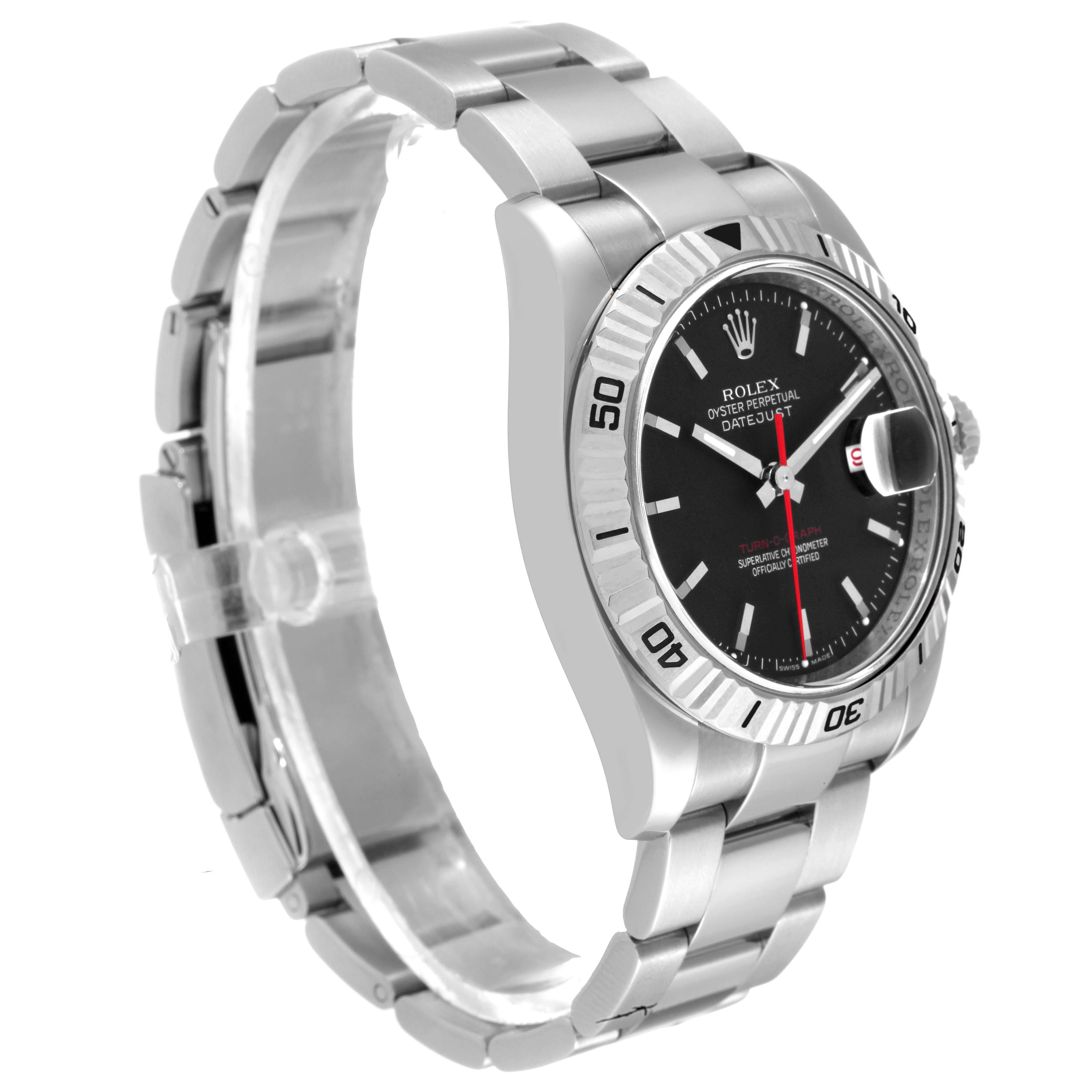 The image shows a Rolex Turn-o-Graph 116264 Men's Stainless Steel Black Dial 116264 Men's Stainless Steel Black Dial watch angled to display the face, bezel, and bracelet.