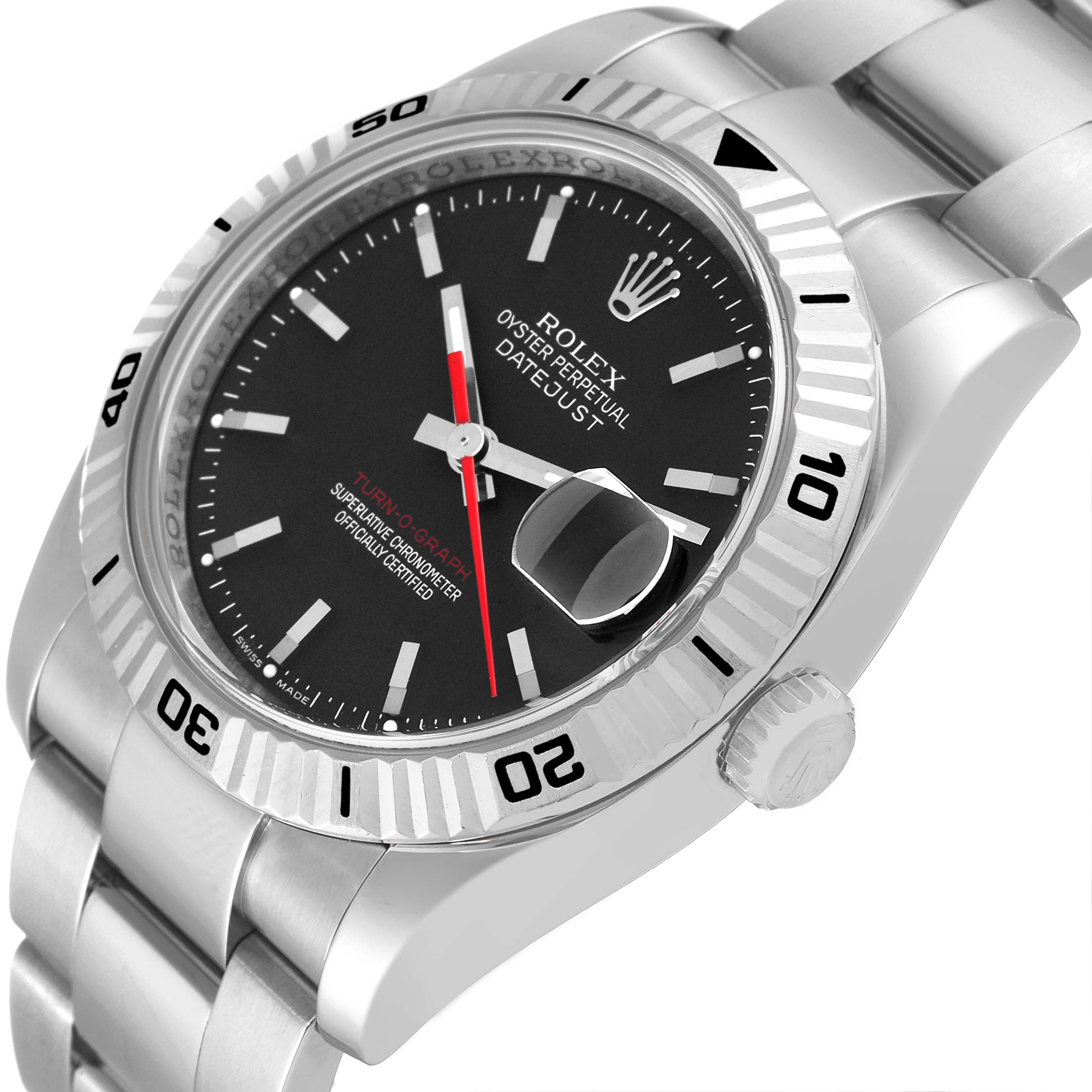 This image shows a Rolex Turn-o-Graph 116264 Men's Stainless Steel Black Dial 116264 Men's Stainless Steel Black Dial watch at an angled close-up, highlighting its dial, bezel, and part of the bracelet.