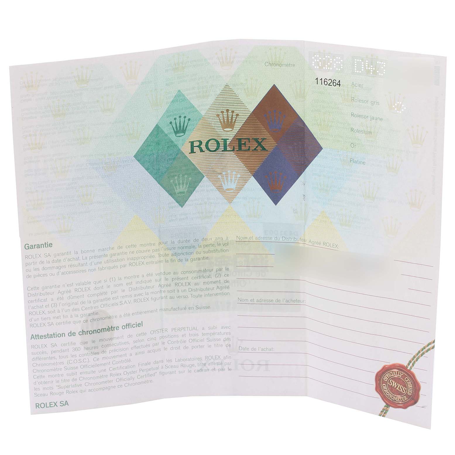 This image shows the guarantee and chronometer certificate for the Rolex Turn-o-Graph 116264 Men's Stainless Steel Black Dial 116264 Men's Stainless Steel Black Dial model.