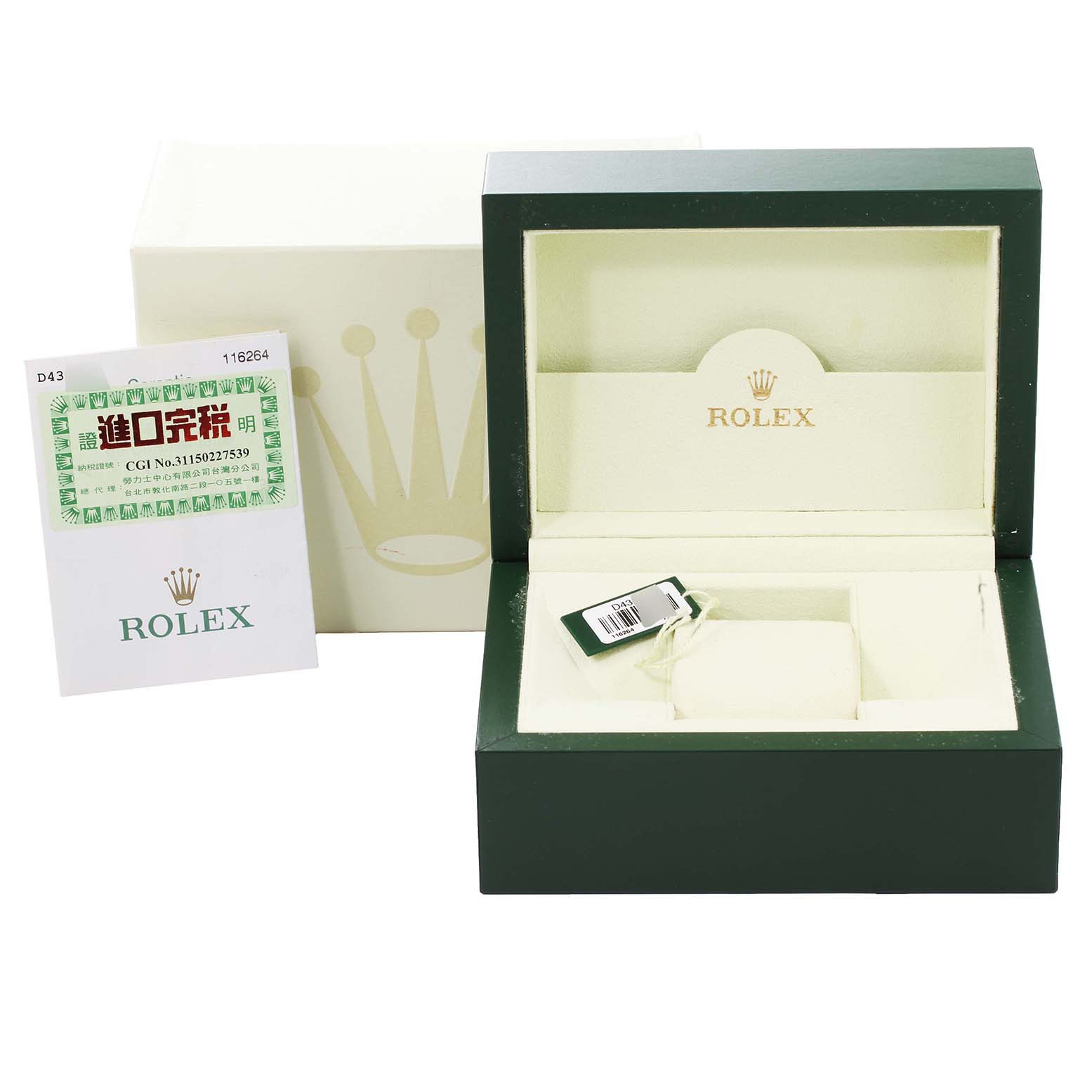 The image shows an open Rolex Turn-o-Graph 116264 Men's Stainless Steel Black Dial 116264 Men's Stainless Steel Black Dial watch box, a white outer box, and a Rolex card placed alongside.