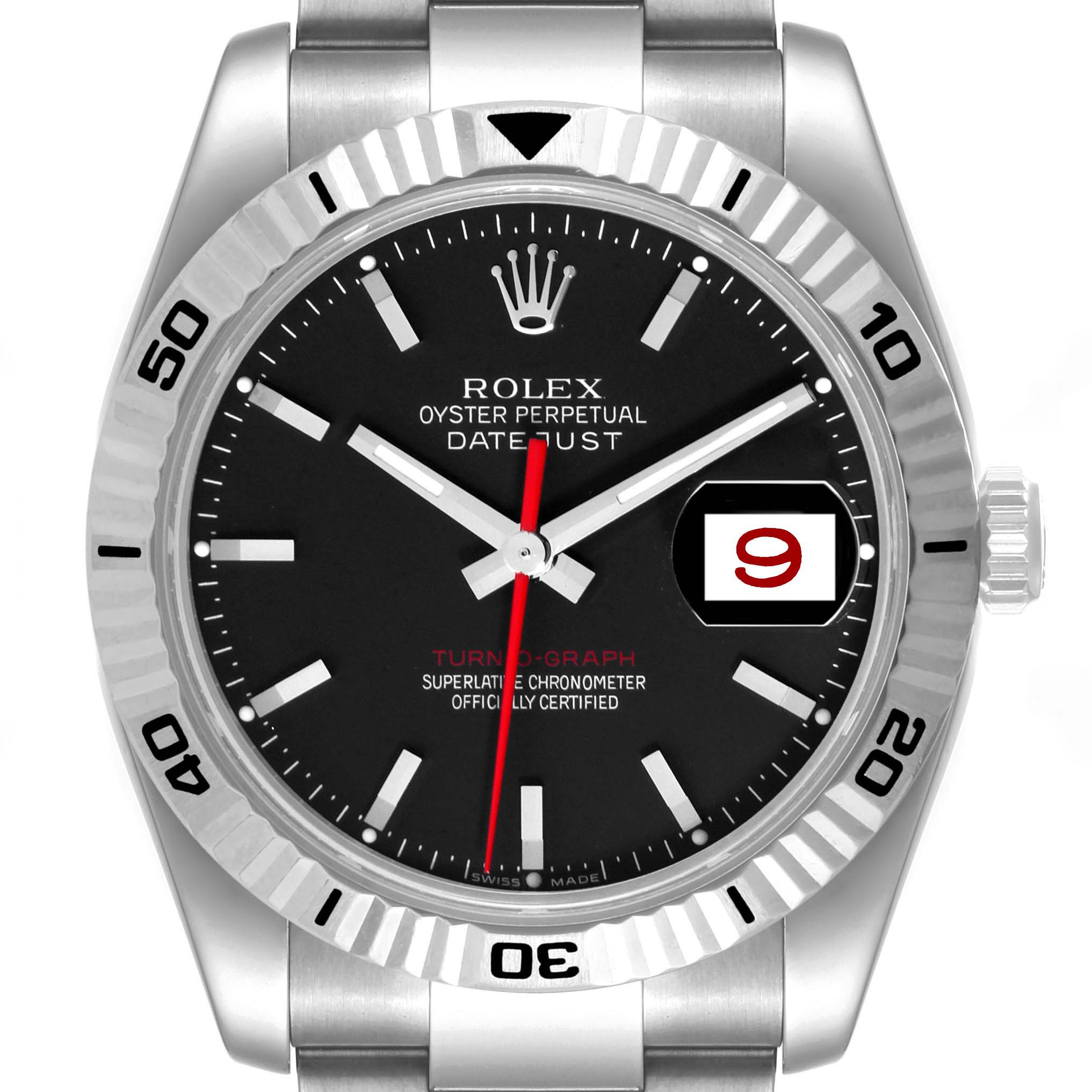 This image shows a front view of the Rolex Turn-o-Graph 116264 Men's Stainless Steel Black Dial 116264 Men's Stainless Steel Black Dial watch, highlighting the dial, bezel, and part of the bracelet.