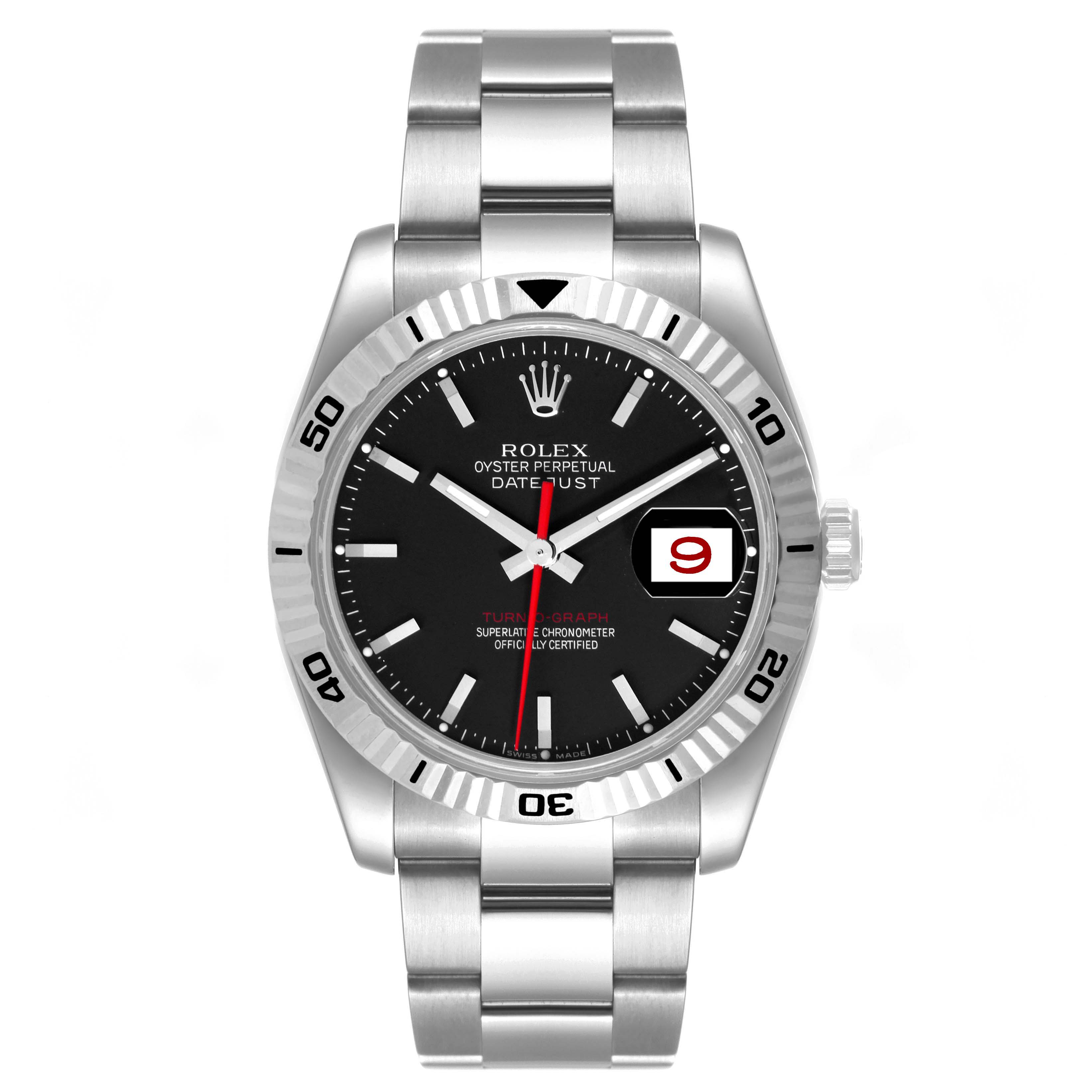 This image shows a Turn-o-Graph model by Rolex from a front angle, highlighting the face, bezel, and bracelet.