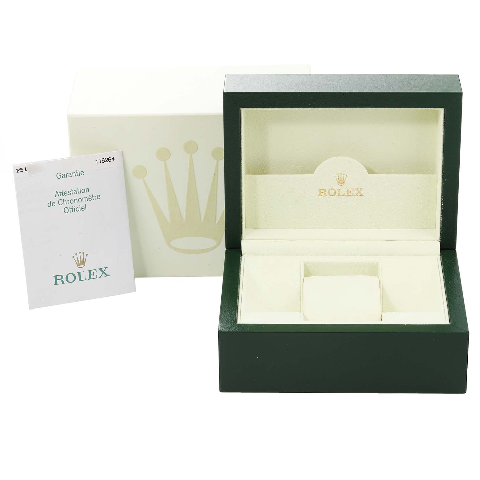 The image shows a green and beige Rolex Turn-o-Graph 116264 Men
s Stainless Steel Black Dial 116264 Men
s Stainless Steel Black Dial watch box at an angle, along with its warranty card and outer box.