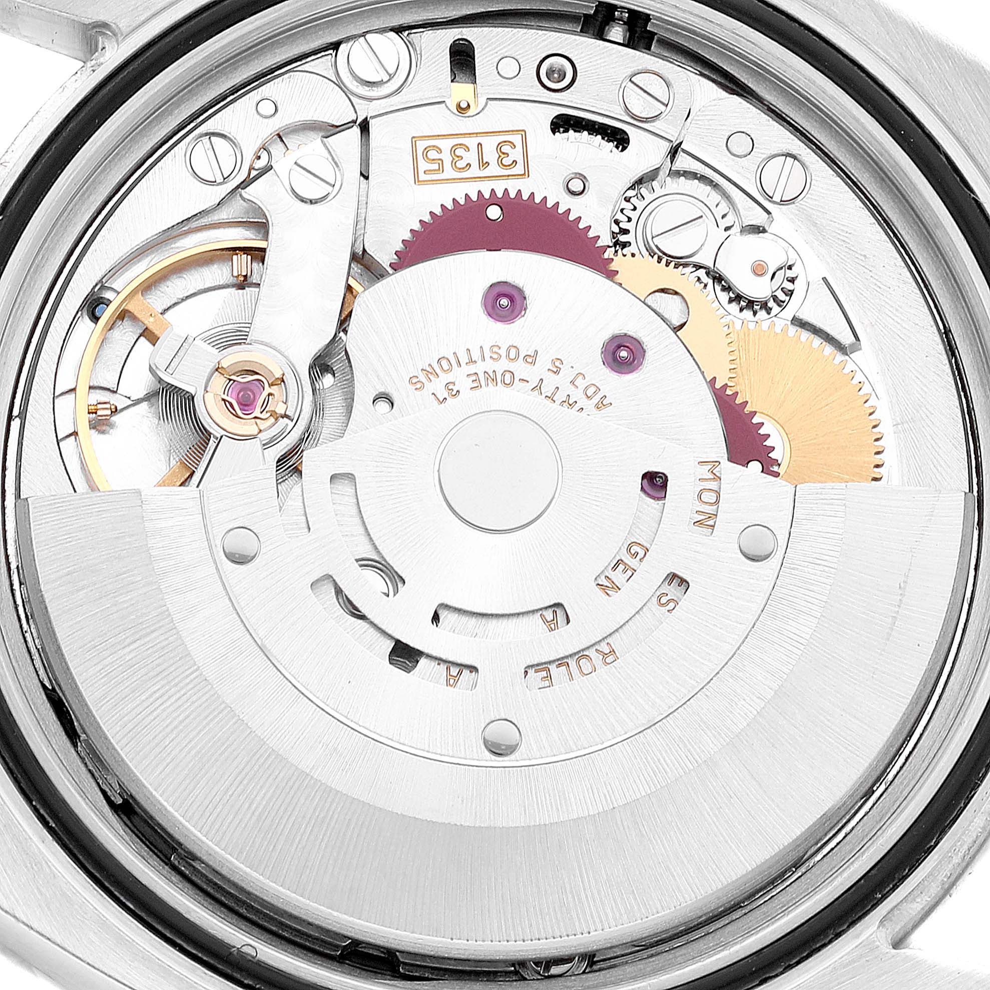 This image shows the movement and internal mechanisms of a Rolex Turn-o-Graph 116264 Men
s Stainless Steel Black Dial 116264 Men
s Stainless Steel Black Dial watch from a top-down angle.
