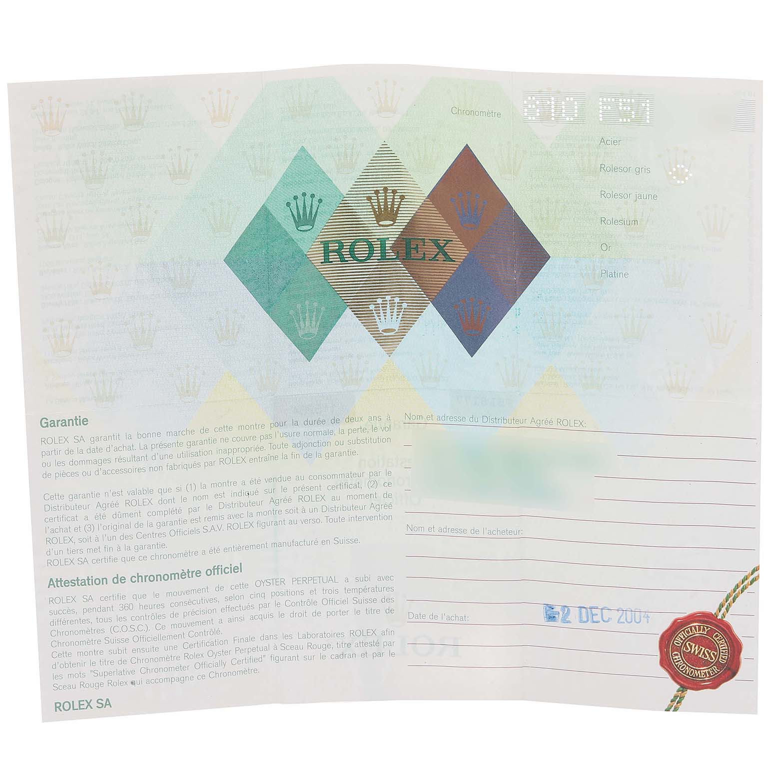 The image shows the warranty certificate for a Rolex Turn-o-Graph 116264 Men
s Stainless Steel Black Dial 116264 Men
s Stainless Steel Black Dial model, detailing Best Quality
ity and purchase information.