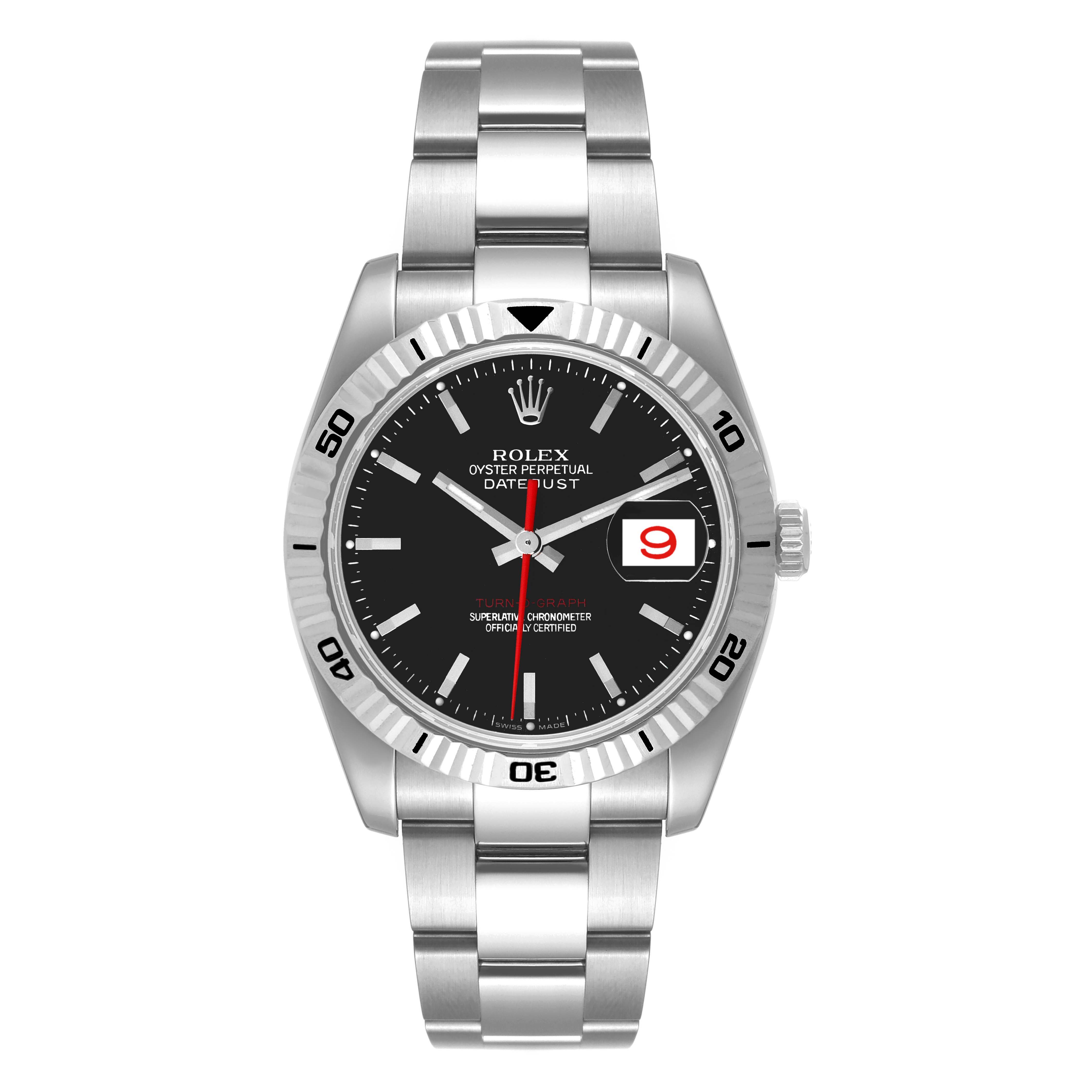 The image shows a front view of a Rolex Turn-o-Graph 116264 Men
s Stainless Steel Black Dial 116264 Men
s Stainless Steel Black Dial watch displaying the face, bezel, and band.