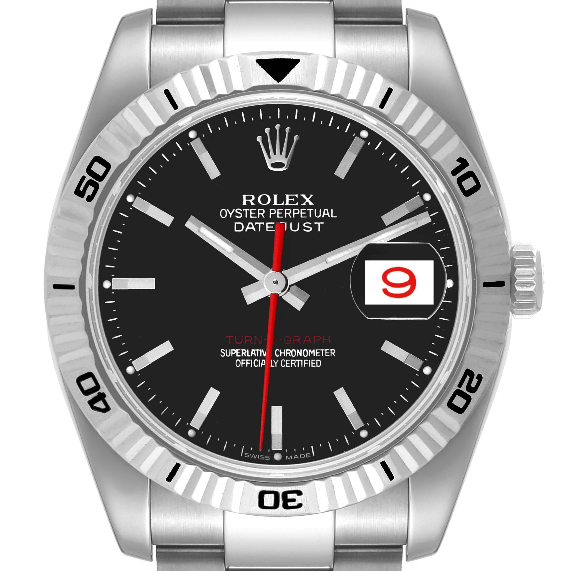 The image shows the front view of a Rolex Turn-o-Graph 116264 Men
s Stainless Steel Black Dial 116264 Men
s Stainless Steel Black Dial watch, highlighting its dial, bezel, and band.