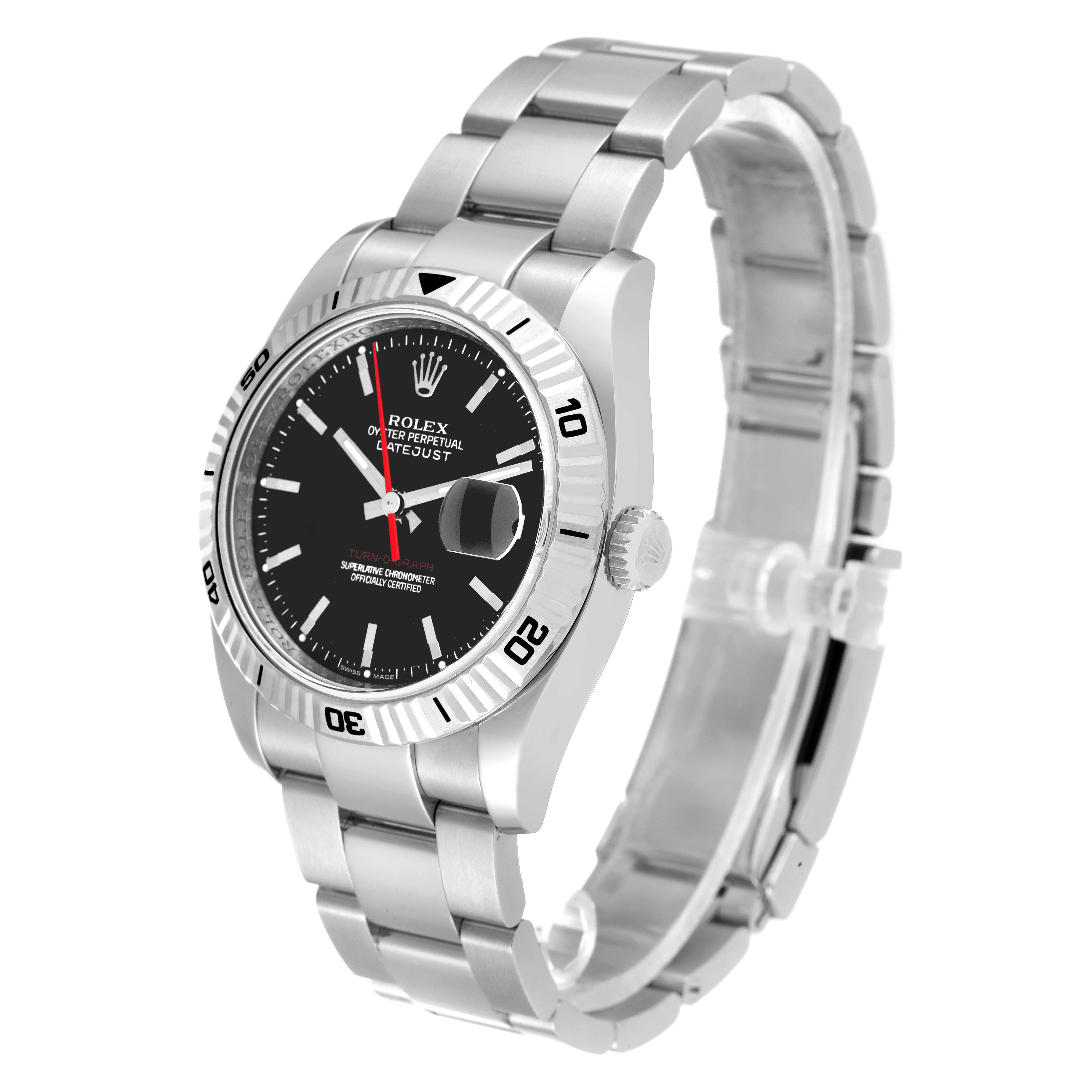The image shows a side-angle view of the Rolex Turn-o-Graph 116264 Men
s Stainless Steel Black Dial 116264 Men
s Stainless Steel Black Dial model featuring the watch face, bezel, crown, and bracelet.