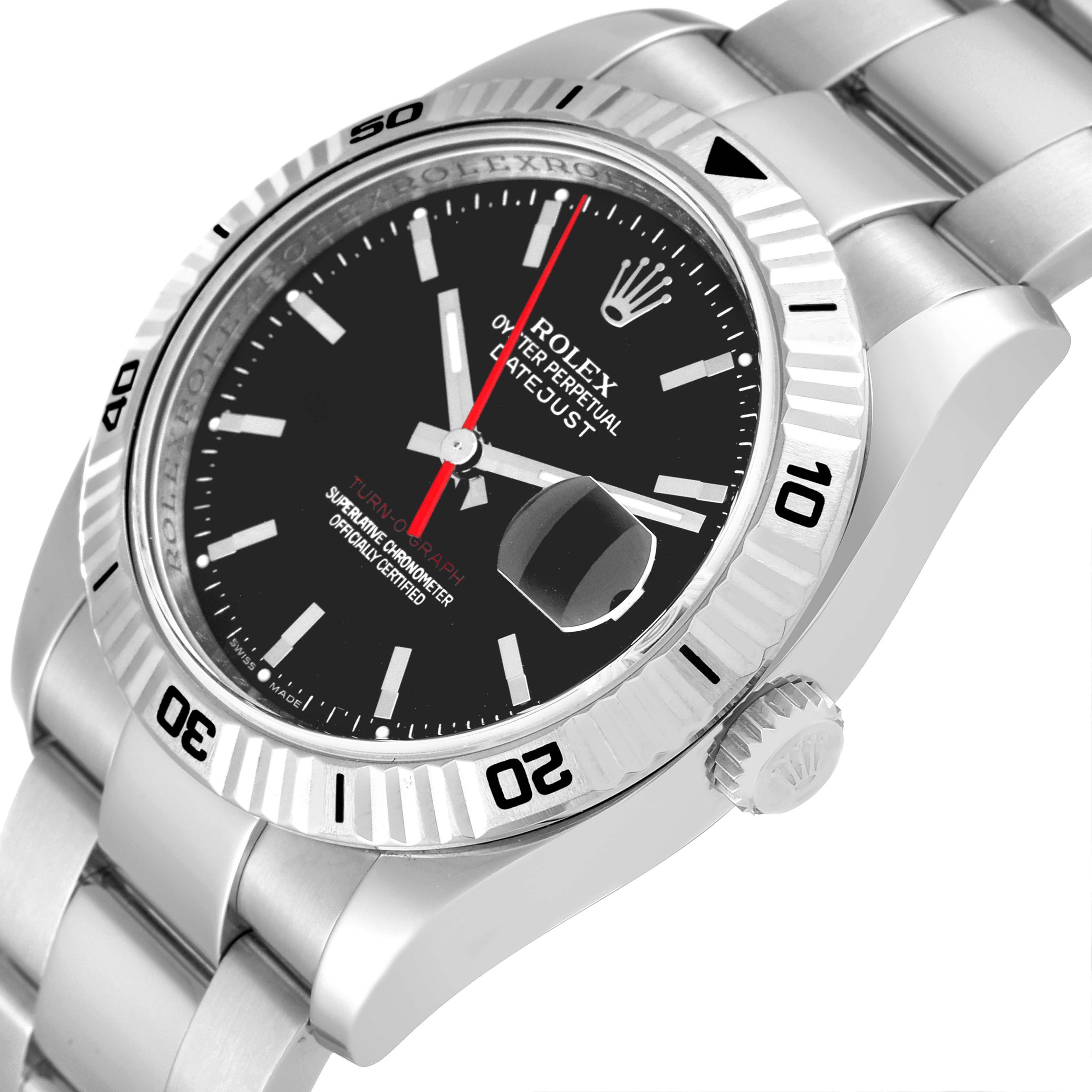 The image shows a close-up angled view of the Rolex Turn-o-Graph 116264 Men
s Stainless Steel Black Dial 116264 Men
s Stainless Steel Black Dial watch, highlighting its face, bezel, crown, and part of the bracelet.