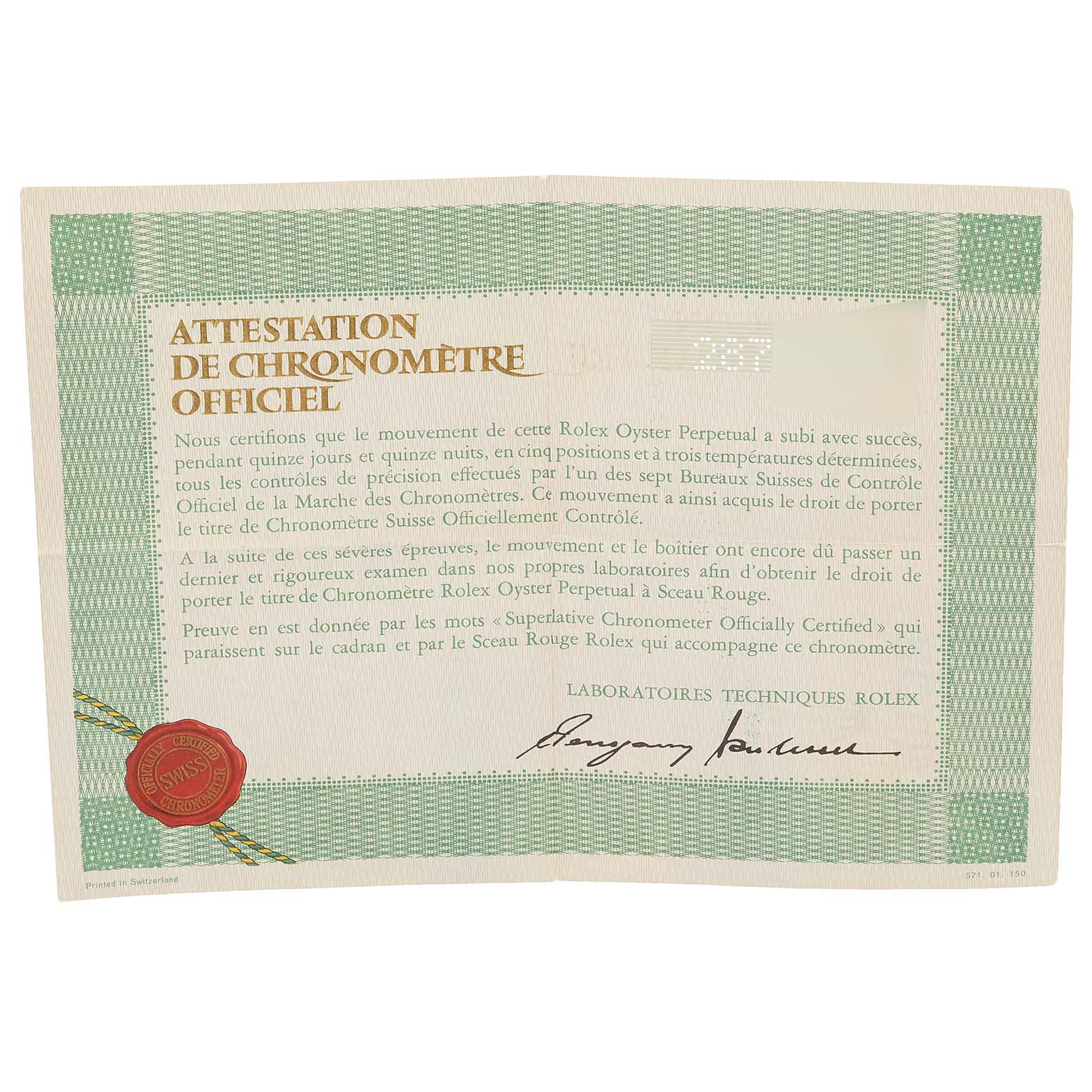 The image shows a Rolex Datejust 1601 Men
s Steel and Gold (two tone) Champagne Dial 1601 Men
s Steel and Gold (two tone) Champagne Dial model
s official chronometer certification.