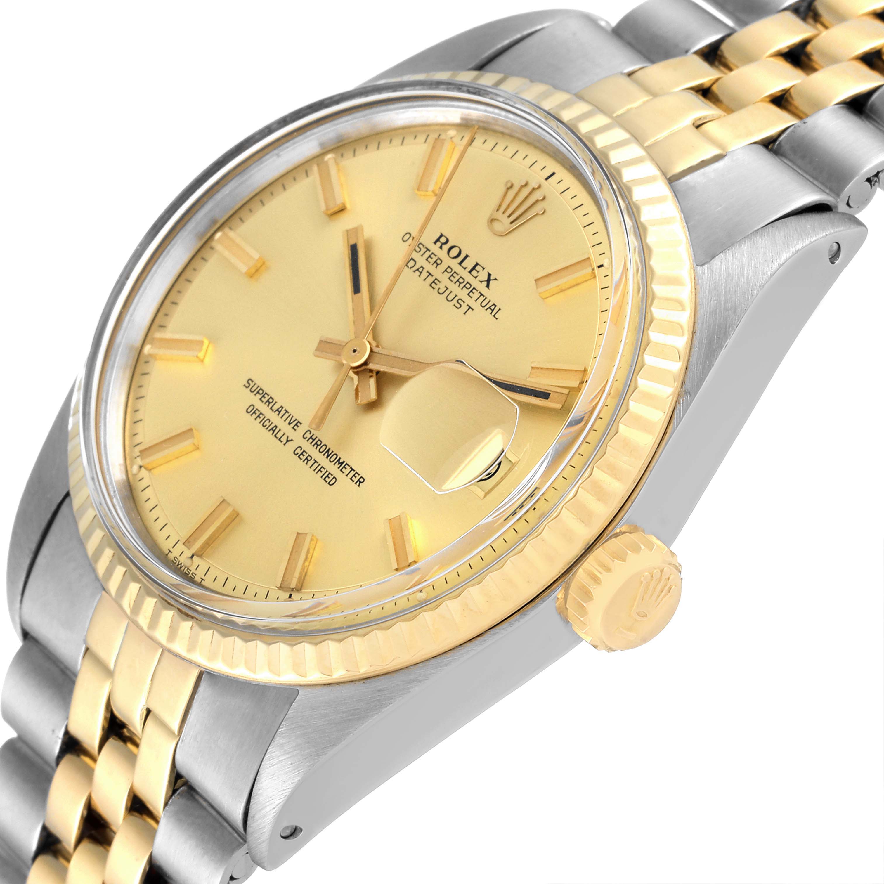 This image shows a close-up angle of the Rolex Datejust 1601 Men
s Steel and Gold (two tone) Champagne Dial 1601 Men
s Steel and Gold (two tone) Champagne Dial watch, highlighting its dial, bezel, crown, and bracelet.