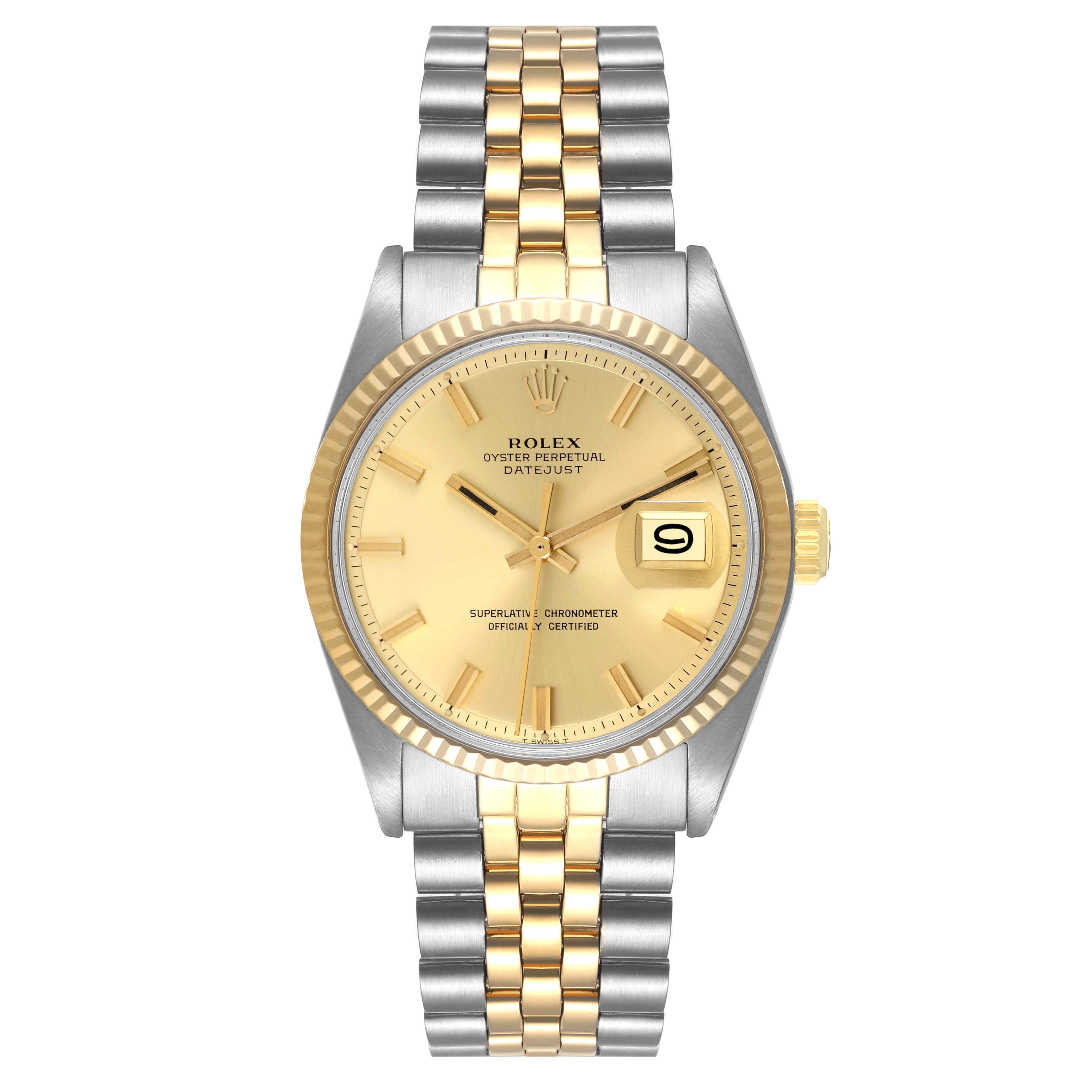 This is a frontal view of a Rolex Datejust 1601 Men
s Steel and Gold (two tone) Champagne Dial 1601 Men
s Steel and Gold (two tone) Champagne Dial watch, showcasing the dial, bezel, crown, and bracelet.