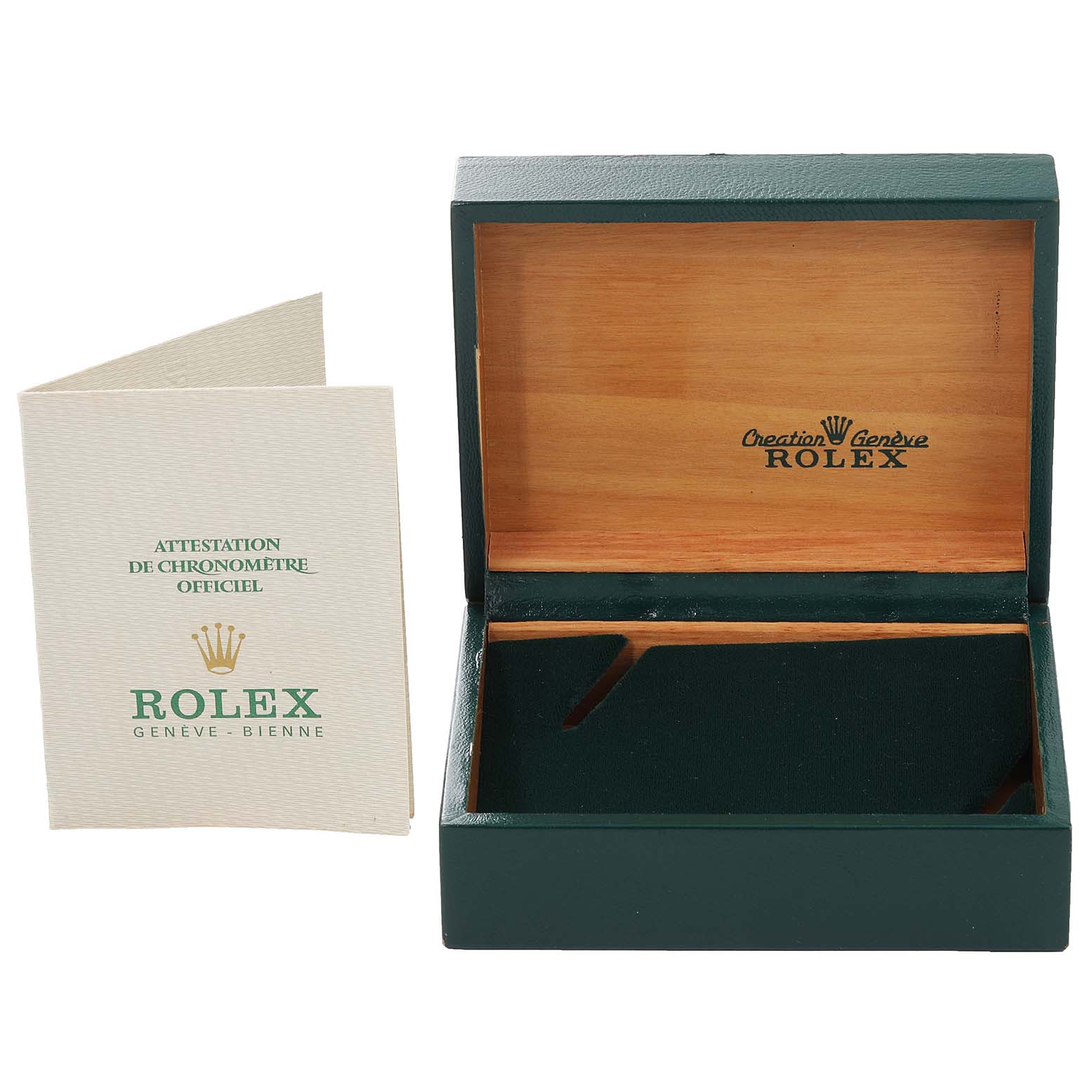 The image shows an open Rolex Datejust 1601 Men
s Steel and Gold (two tone) Champagne Dial 1601 Men
s Steel and Gold (two tone) Champagne Dial model watch box alongside its official chronometer certification booklet.