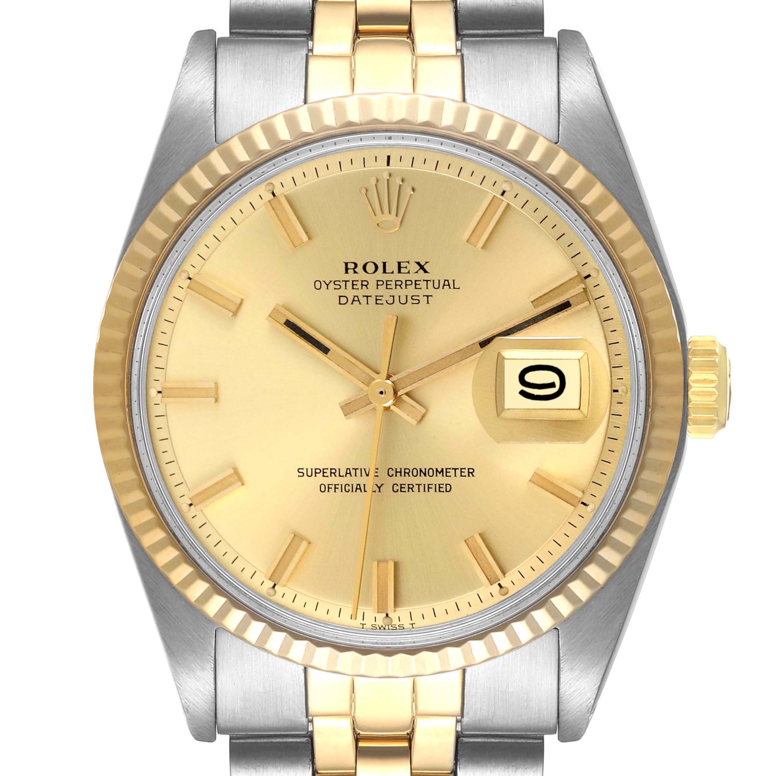 This image shows a front view of a Rolex Datejust 1601 Men
s Steel and Gold (two tone) Champagne Dial 1601 Men
s Steel and Gold (two tone) Champagne Dial watch, highlighting its dial, bezel, bracelet, hands, and date display.